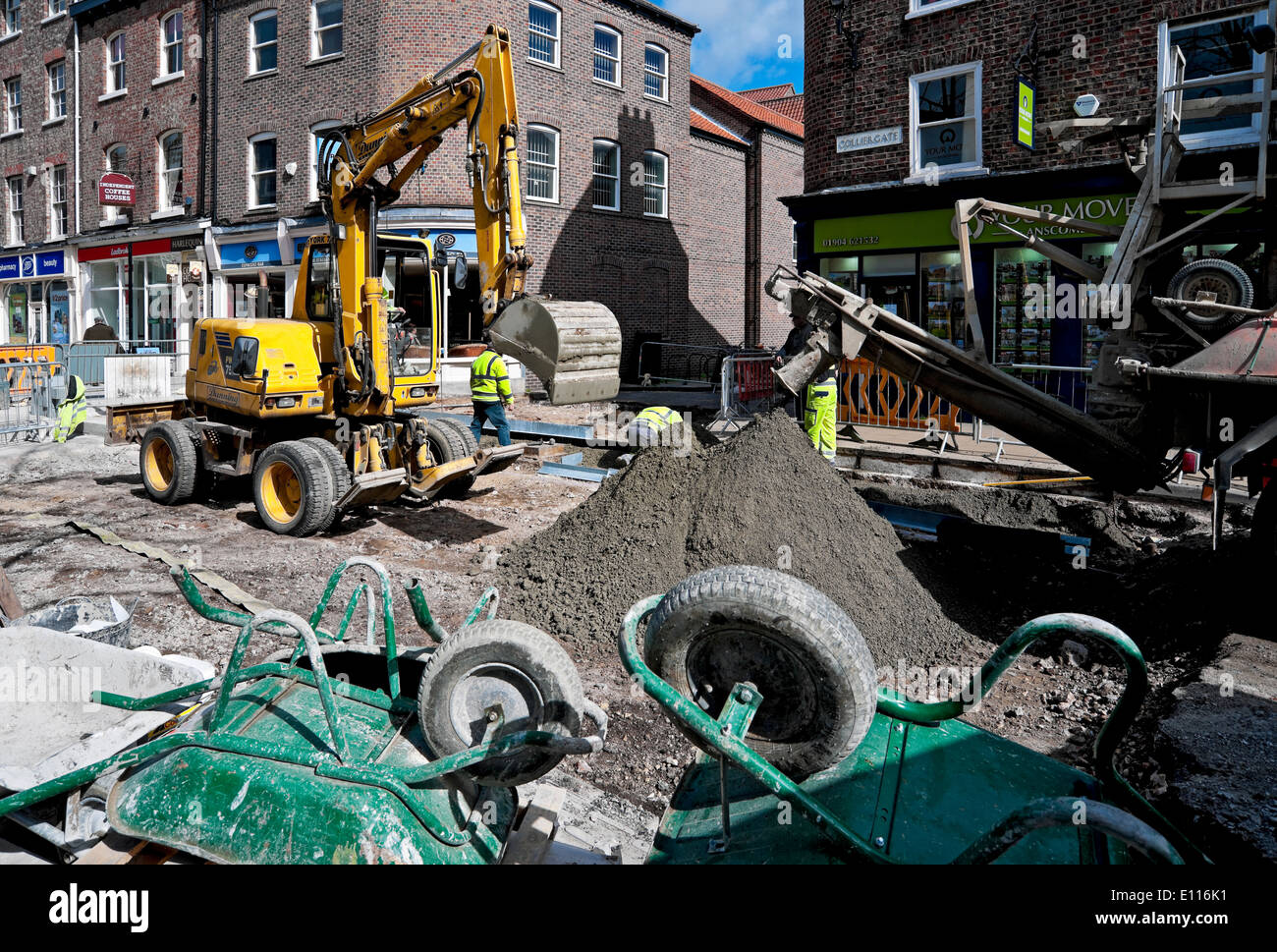 Road repairs works roadworks in the town city centre Colliergate York
