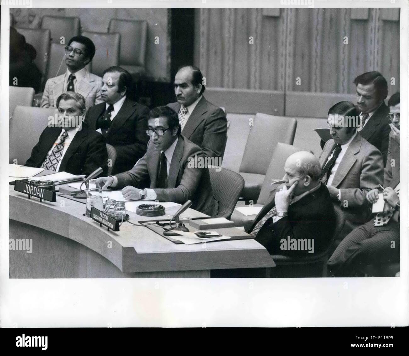 Mar. 03, 1976 - Security Council Continues debate on Developments in Occupied Arab Territories: United Nations, New York, 22 March 1976 The Security Council heard six speaker this afternoon as it continued debate on ''the serious situation arising from recent developments'' in the Arab territories occupied by Israel. Statements were made by the representative of Jordan, Syria,Israel, Yugoslavia, Pakistan and Saudi Arabia. Abdul Hamid Sharaf (Jordan) making a statement. At the table at right is Zehdi Ladib Terzi, representative of the PLO. Stock Photo