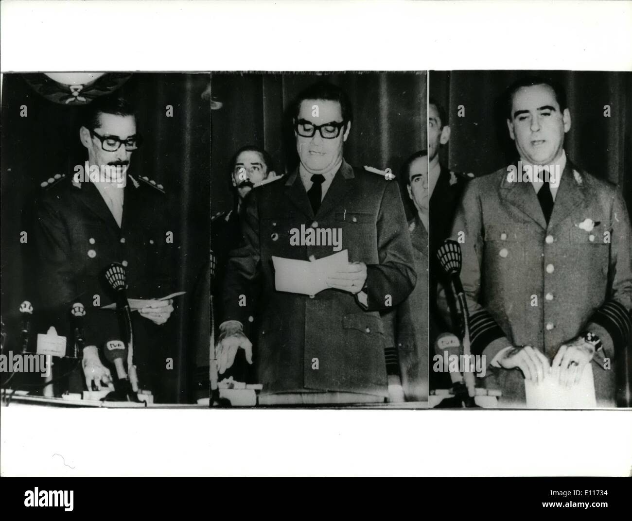 Mar. 03, 1976 - Military takeover in Argentina: Argentina's armed forces in a swift and apparently bloodless coup have everthrone President Maria Estela Peron who is now under house arrest in the mountains of Patagonia. Photo Shows (L to R) Army General Jorge Videla; Admiral Emilio Massera and Air Force Brigadier Orlando Agost, who have been swern in as members of the new military junta. Stock Photo