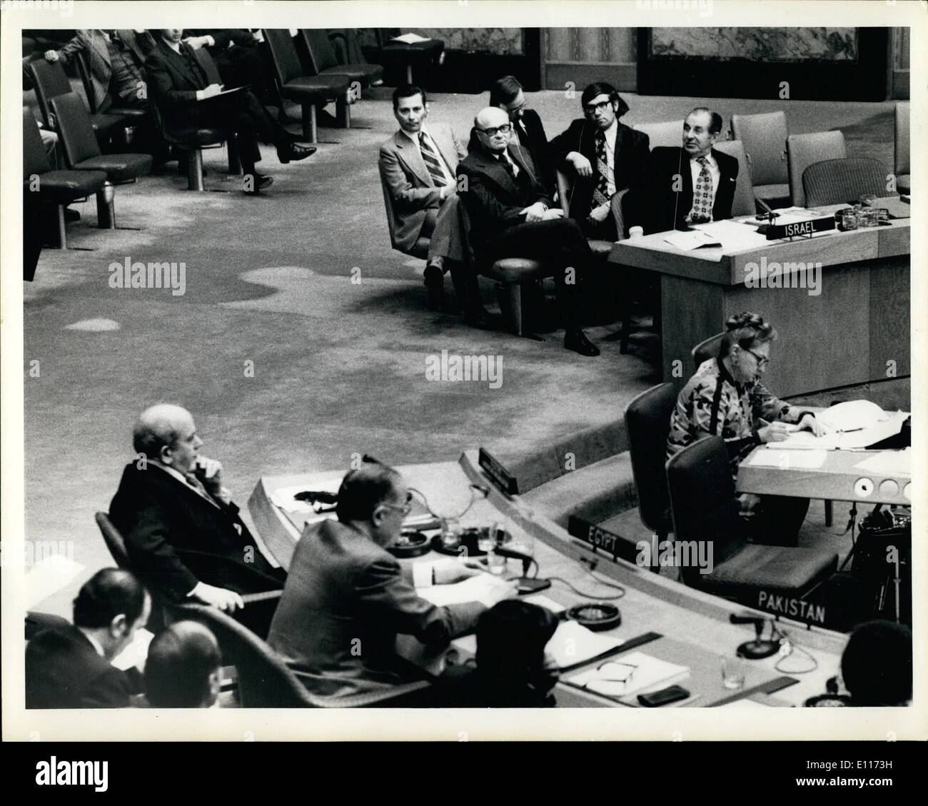 Mar. 03, 1976 - Captain ambassador to the united nations, Ahmed Esmat Abdel Meguid, (lower left) speaking against Israeli occupation of the west bank, to his left is zehdi labib Terza, anting observe of the P.L.O. at the u.n. across the aisle is chai herzag the Israeli representative. This is the first time that both Israel and the P.L.O. have participated in a security council debate. The council was discussing anti- isrlaelivnrest on the occupied west bank of Jordan. Stock Photo