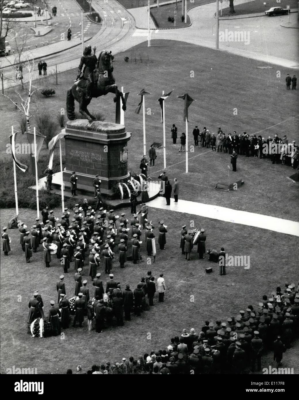 Mar. 03, 1976 - Wreath-laying ceremony at the statue of Ferenc Rakoczi II: Festive programme were held all over the country today and yesterday to commemorate the 300th anniversary of the birth of Reigning Prince Ferenc Rakoczi II. He commanded the Hungarian war of independence against Hapsburg rule in the first decades of the 18th century. Members of the Presidential Council. the Hungarian Government and the representatives of the Patriotic People's Front laid wreathes at the statue of Rakoczi on the Lajos Kossuth Square. Stock Photo