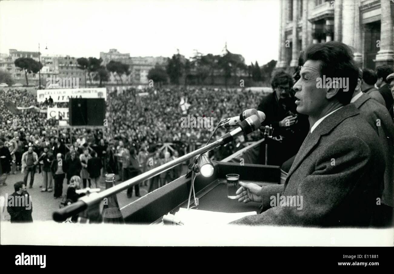 Apr. 04, 1976 - Rome, April 1976: The Secretary of the PCI (Italian Communist Party,Enrico Berlinguer,rallied about 30,000 persons in the sq. of St. John, talking about the most Probable antici)ation of the politician general election, for the next month of the June insteed of the term of the next year.Picture Shows Lnrice Berlinguer speaking to the crowd. Stock Photo