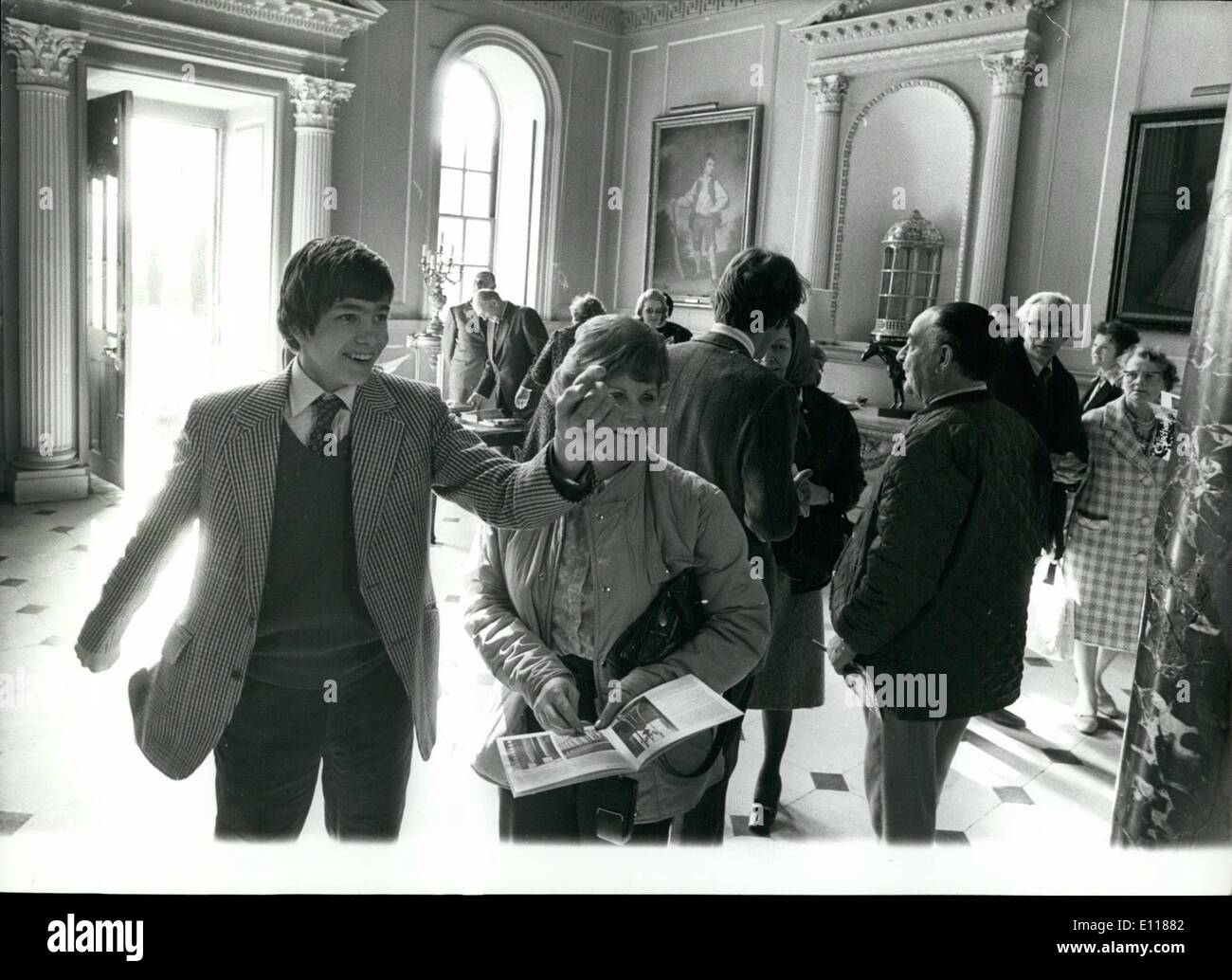 Apr. 04, 1976 - Chicheley Hall Opens To The Public: Nicholas Beatty (15), an Eton schoolboy, welcoming the first visitors to the 18the century Chicheley hall, Newport Pagnell, Bucks, yesterday when the 40 room stately home, left to him on trust by his father, the 2nd Earl Beatty, was opened with a 40 pence entrance fee and as season lasting until October, 30,000 visitors are expected. Stock Photo