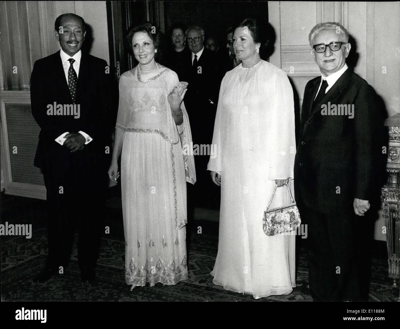 Apr. 04, 1976 - The visit of Egypt President Anwar El Sadat. President El Sadat and his wife posing with president Giovanni Leone and his wife during the reception. Stock Photo
