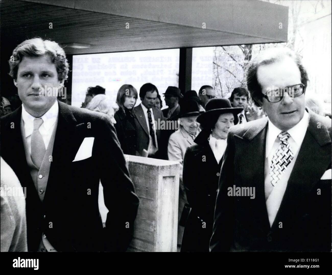Apr. 15, 1976 - Dr. Jur Gert Rudolf Flick, son of deceased industrialist Friedrich Flick, married Princess Johanna von Sayn-Wittgenstein. Pictured are the brother of the bridegroom, Dr. Christian Friedrich(left) and their uncle Friedrich Karl Flick(right) in front of the church. Stock Photo