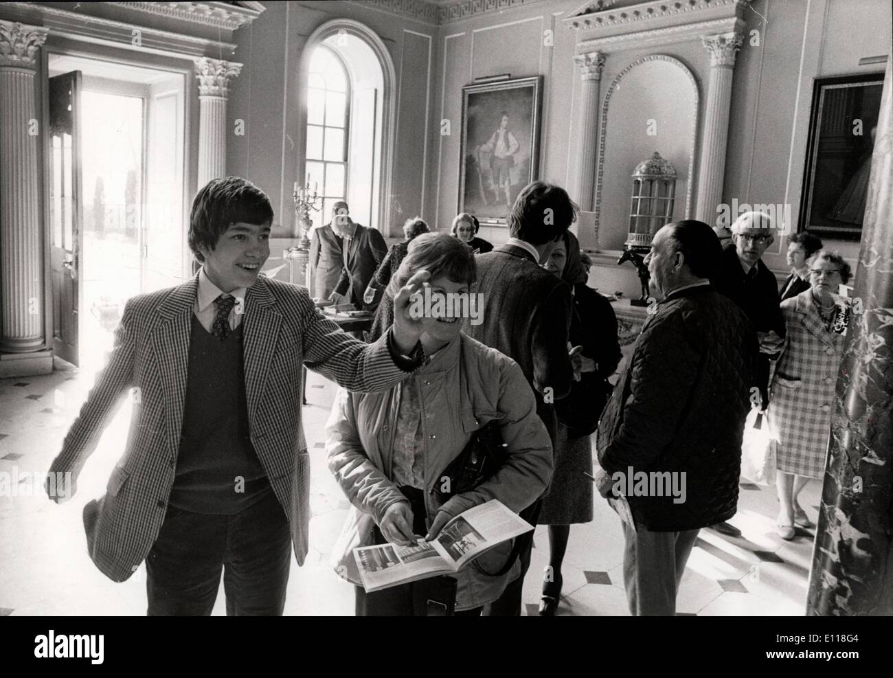 Apr 17, 1976; London, UK; NICHOLAS BEATTY, an Eton schoolboy welcoming the first visitors to the 18th century Chicheley Hall, Stock Photo