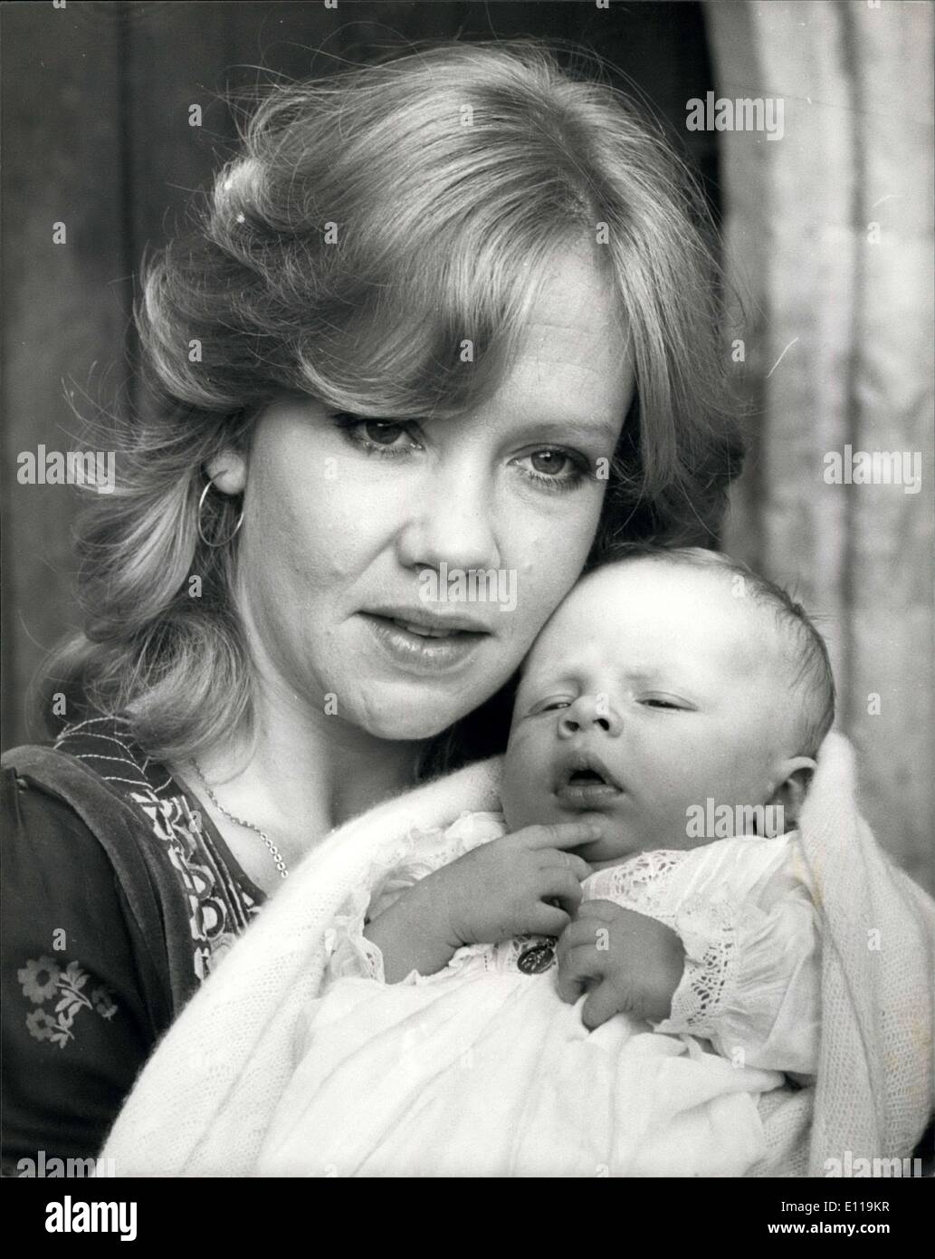 Sep. 11, 1976 - Hayley Mill's Month Old Love Baby Jason Is Christened: Actress Hayley Mill's month old Love Baby Jason, was christened this morning at the Parish Church, Denham, Bucks. where she was herself christened 30 years ago. Hayley Mills is married to film producer Roy Boulting, but they are parted. Jason's father is actor Leigh Lawson, they have no plans to marry. Photo shows: Hayley Mills with her baby son Jason after the christening today at the Parish Church Denham. Stock Photo