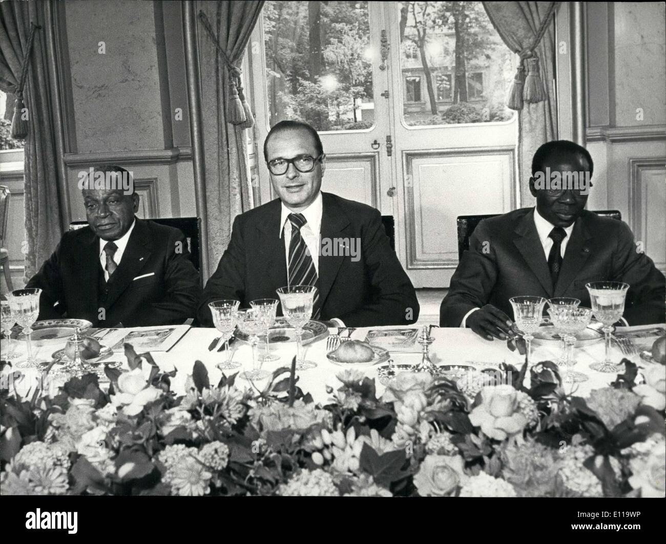 May 10, 1976 - Left to right: President of the Ivory Coast Houphouet-Boigny, Jacques Chirac, and Senegal's President Leopold Senghor. Stock Photo
