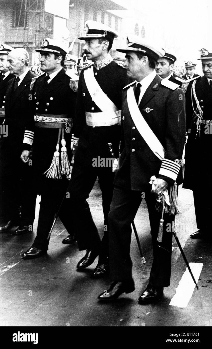 May 25, 1976; Buenos Aires, Argentina; The '25 de Mayo' was celebrated for the first time since the fall of the peronist regime. It remembers the day when in 1820 Argentina had its first own government after it was a colony. Actually Argentina is governed by democratic military junta and the heads of the government assisted the main celebrations at Plaza de Mayo. Here are the three main members of the Junta Militar leaving Casa Rosada to the Cathedral; President JORGE VIDELA (C), Navy Commander EDUARDO MASSERA and Commander ORLANDO RAMON AGOSTI. Stock Photo