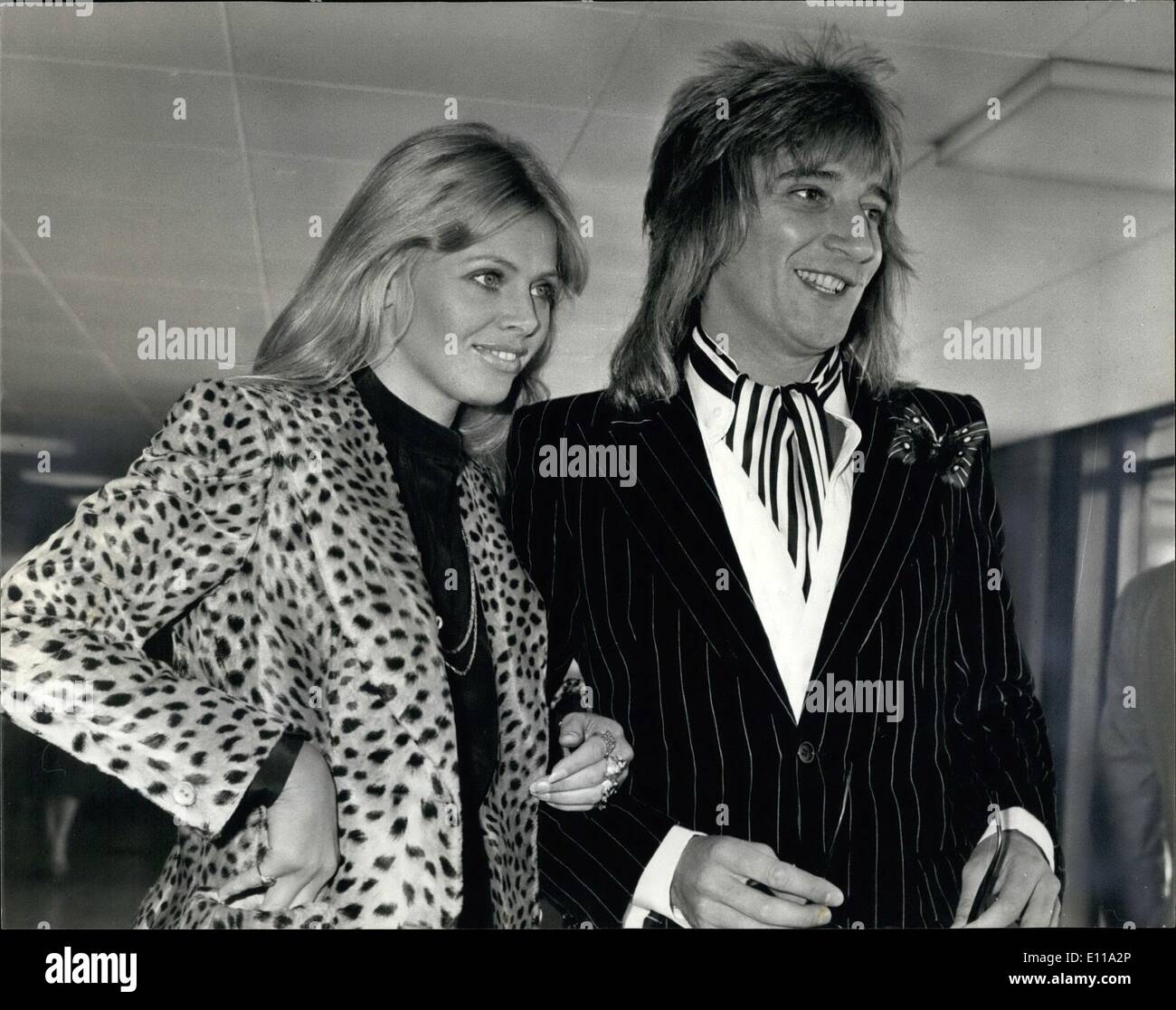 Jun. 06, 1976 - Rock Superstar Rod Stewart will not marry Britt Eckland: The romance between rock superstar Rod Stewart and Swedish actress Britt Ekland is unlikely to lead to marriage according to Rod, The couple have been living together in Los Angeles for more than a year but still have no plans to wed. Stewart said he has been anti-marriage all his life and said; ''I haven't changed in that respect''. Photo Shows: Rod Stewart and the girl he will not marry, Britt Ekland. Stock Photo