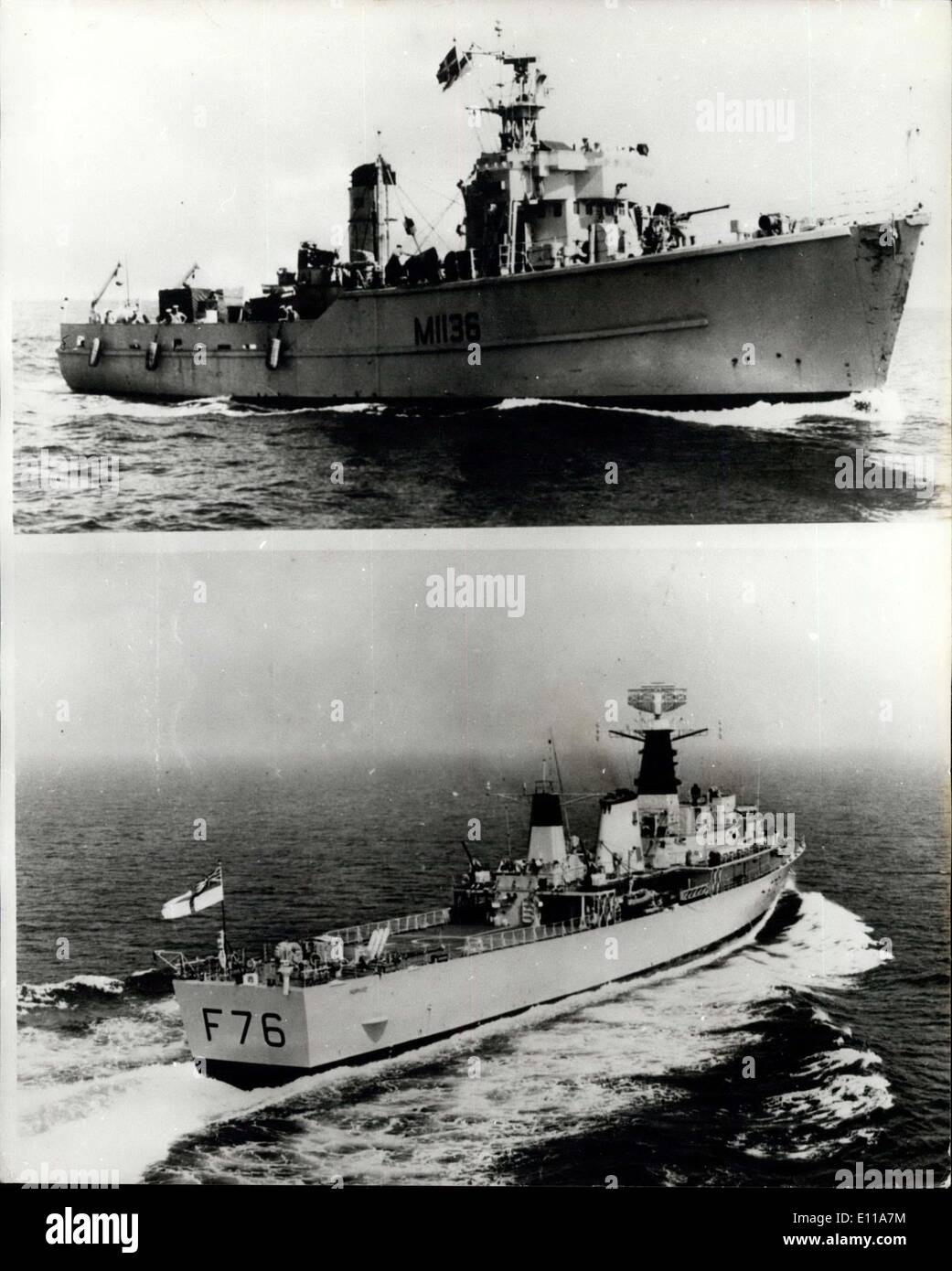 Sep. 21, 1976 - Two sailors were killed and ten were missing last night after the Royal Naval Reserve minesweeper Fittleton, 360 tons, collided off northern Holland with the Royal Navy frigate, Mermaid, 2,300 tons. All the casualties were from the Fittleton, which capsized and sank. Thirty two survivors from the Fittleton, three of them injured, were picked up by the Mermaid, which was virtually undamaged. Both ships were taking part in the massive NATO exercise ''Teamwork'', which involves 80,000 personnel, 275 ships and 900 aircraft from nine countries Stock Photo