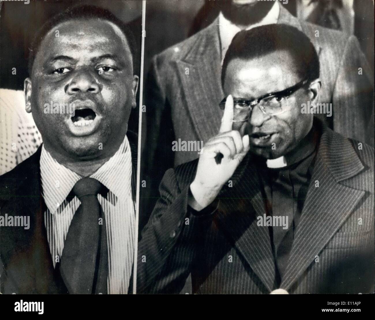 Oct. 10, 1976 - African Nationalist Leaders Arrive in Geneva fro Thursday's Rhodesia Conference. Bishop Muzorewa, one of the African Nationalist Leaders and the Reverend Ndabaningi Sithole, the veteran guerilla leader, both arrived in Geneva today for the Rhodesia Conference which takes place there on Thursday, October 28th. Photo Shows: The Rev. Ndabaningi Sithole (left) and Bishop Muzorewa (right) pictured when they gave separate press conference soon after their arrival in Geneva today. Stock Photo