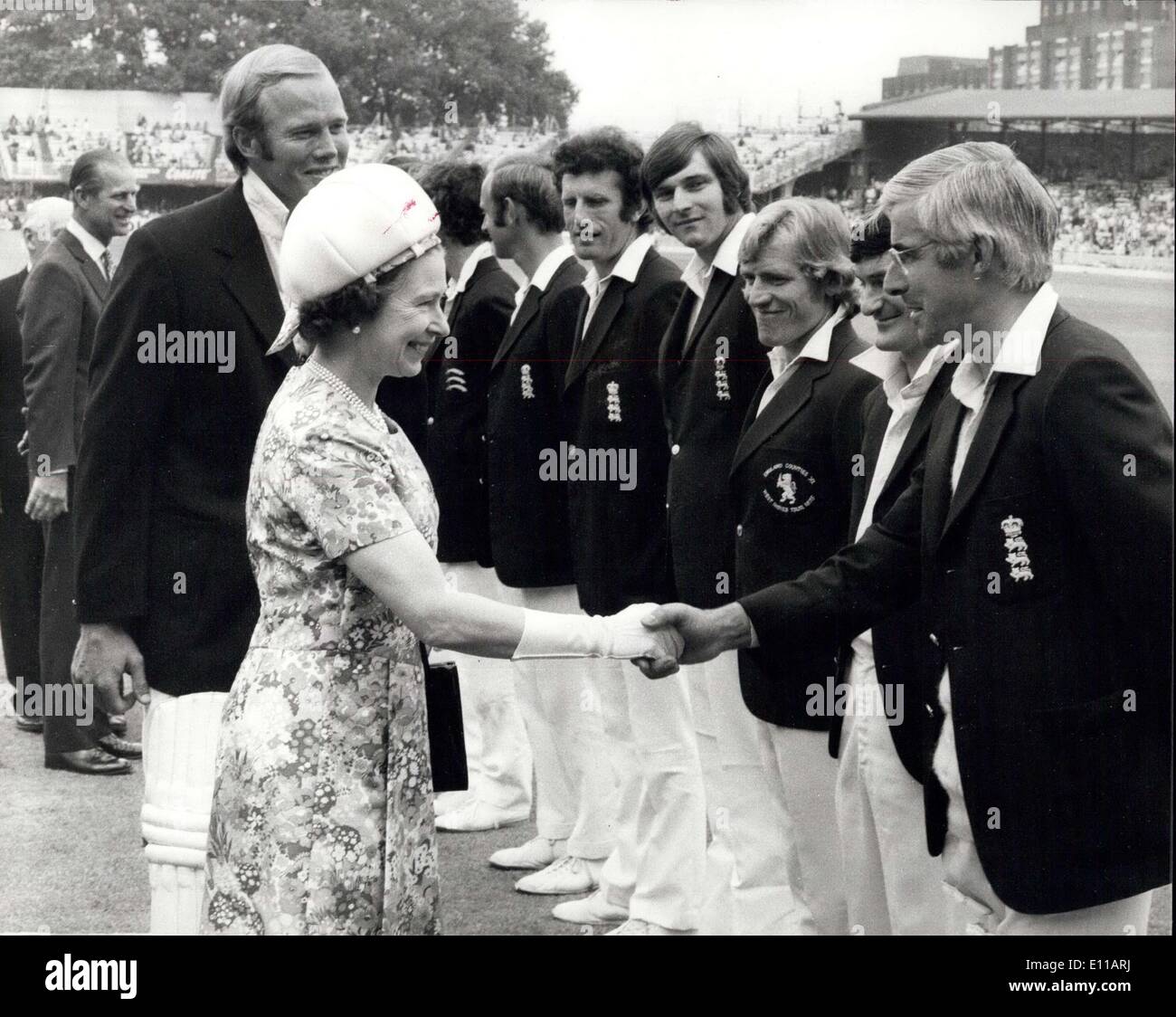 Jun. 21, 1976 - The Queen and The Duke of Edinburgh visit Lords to watch the England V. West Indies Second Test: The Queen shakes hands with David Steele watched by his England team-mates when she visited Lords today. Stock Photo