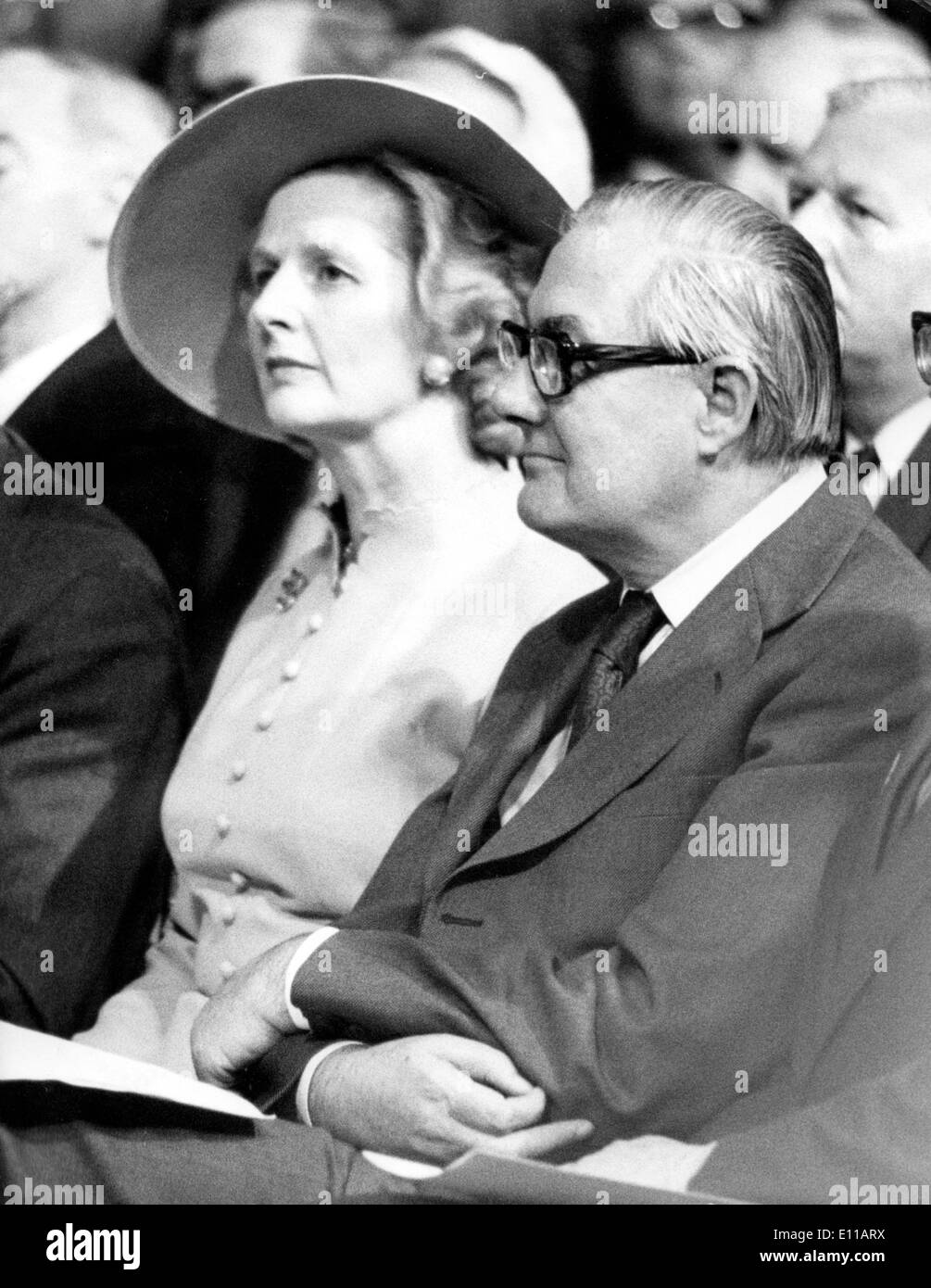 James Callaghan and Margaret Thatcher listen Stock Photo