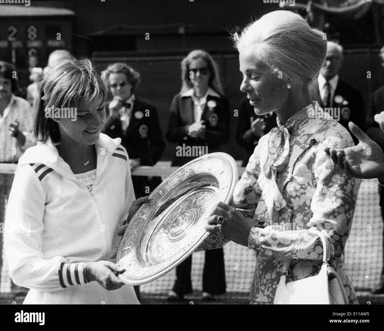 Jul 02, 1976; London, England, UK; Tennis star CHRIS EVERT receiving her winning trophy from the DUCHESS of Kent at Wimbledon.. Stock Photo