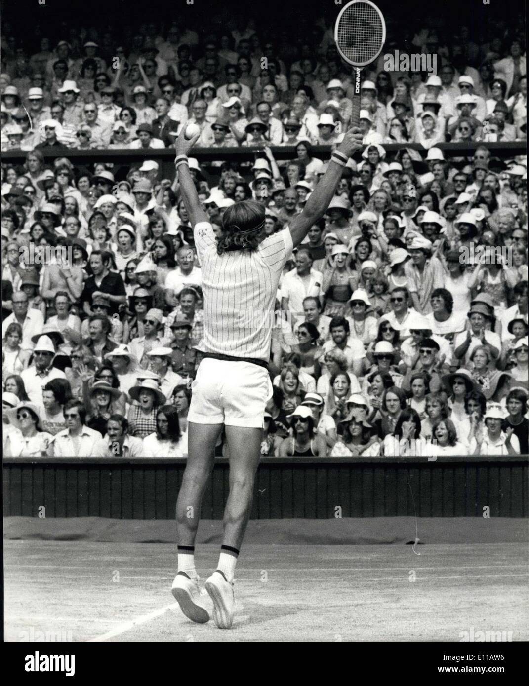 Jul. 03, 1976 - Bjorn Borg of Sweden is the 1976 Wimbledon singles champion: This afternoon on the centre court at Wimbledon Bjorn Borg of Sweden won the Mens Singles title when beating L Nastase of Rumania 6-4 6-2 9-7. Photo shows Bjorn Borg hold his arms wide to the crowd after winning the final point in the men's singles final at Wimbledon today. Stock Photo
