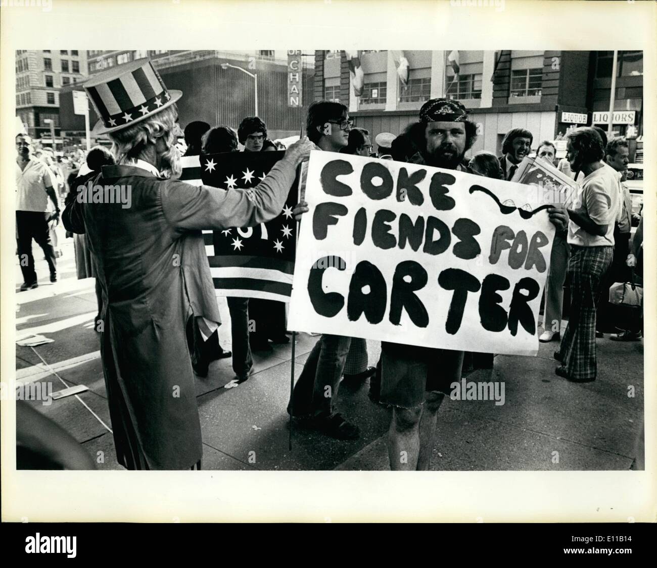 Jul. 07, 1976 - Demonstrators in front of Jimmy Carter Headquarters at the American Hotel in New York City. The Demonstrators where there to greet Governor carter who was arriving for the Democratic national convention. Stock Photo