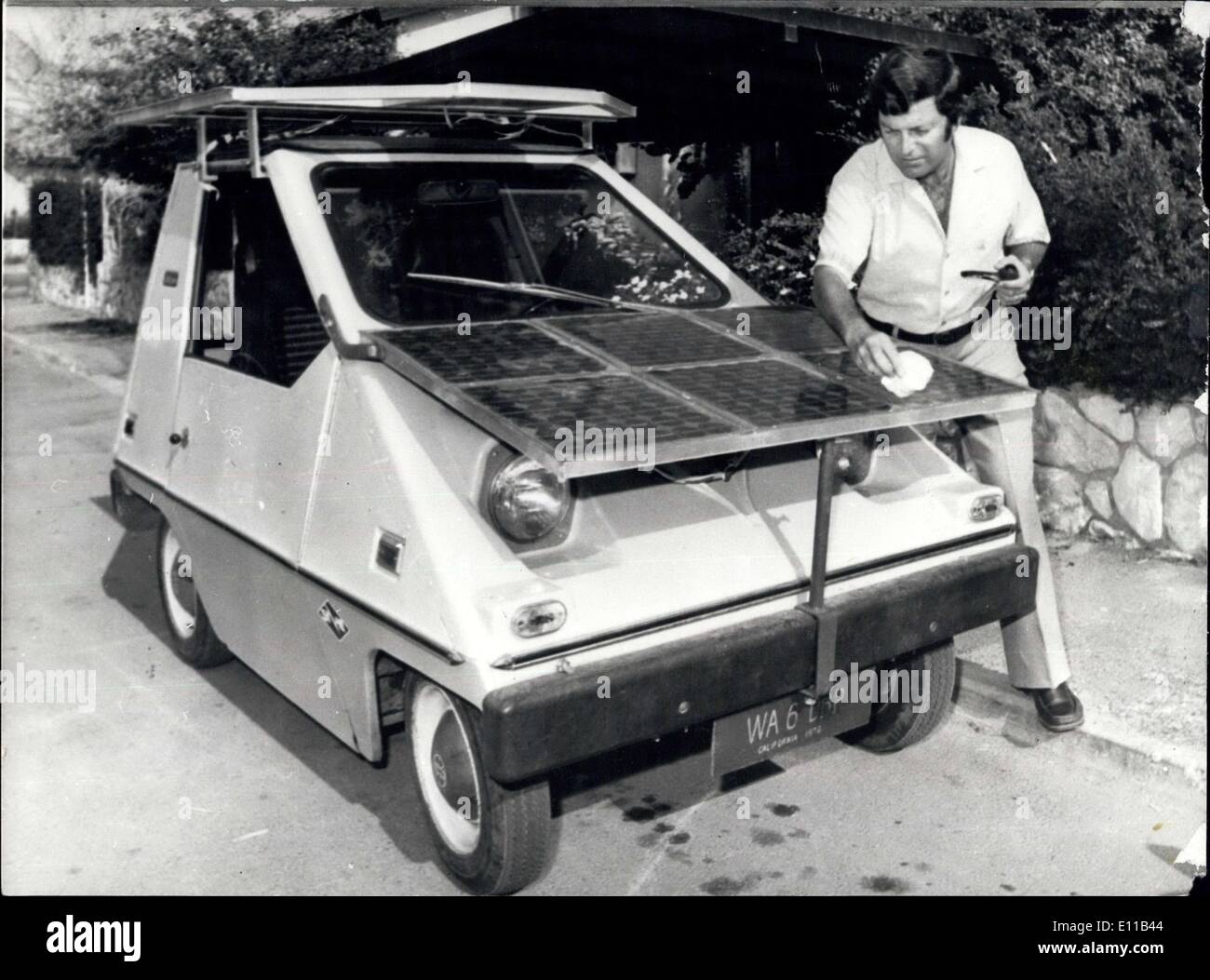 Oct. 18, 1976 - The ''Ugly Duckling'' Makes its Debut - The World's First Civilian Car Partially Powered by Solar Energy: A two-seater car known as they ''Ugly Duckling'' made automotive history by becoming the world's first civilian car partially powered by solar energy. Professor Arye Braunstein, head of the Power Engineering Department of Tel-Aviv University, demonstrated the ''Ugly Duckling'', which was converted from a regular electric battery-powered vehicle into a ''mixed-fuel'' vehicle Stock Photo