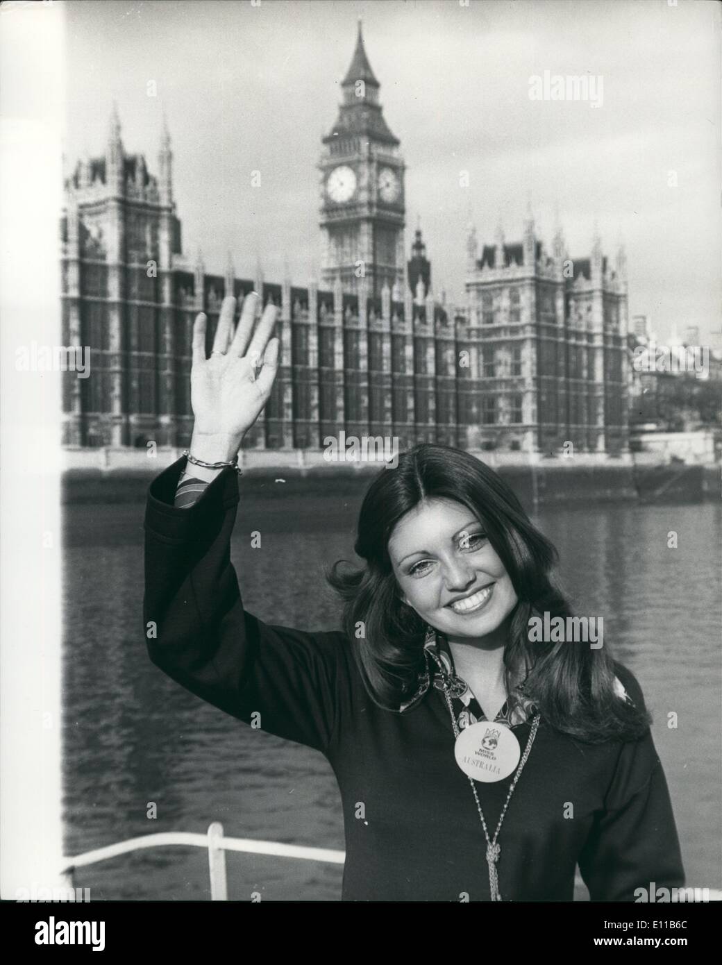 Nov. 11, 1976 - ''Miss World's'' Take a trip on the Thames: Contestants for the 'Miss World' contestant which takes place at the Royal Albert Hall, on November 18th. took a trip today on the river Thames, aboard the Father Thames', pleasure boar. Photo shows Miss Australia, 19 year old Karen Jo ini gives a wave showing the Houses of Parliament in the background. Stock Photo