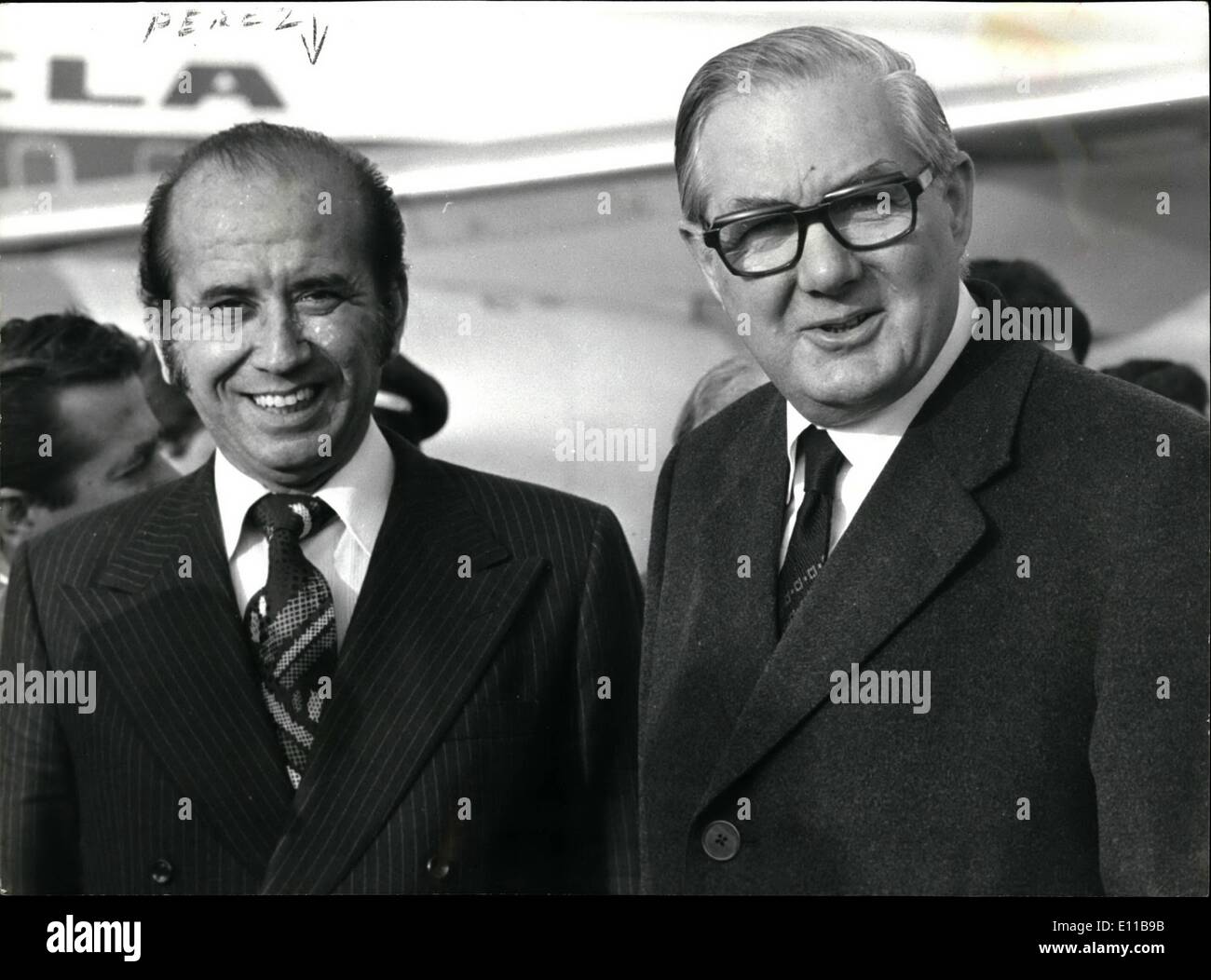 Nov. 11, 1976 - President Of Venezuela Arrives In Britain For A Four-Day State Visit. Photo shows President of Venezuela, Carlos Andres Perez pictured with Prime Minister, James Callaghan who met him on arrival at Heathrow Airport yesterday when he arrived for a four-day State visit yesterday. Stock Photo