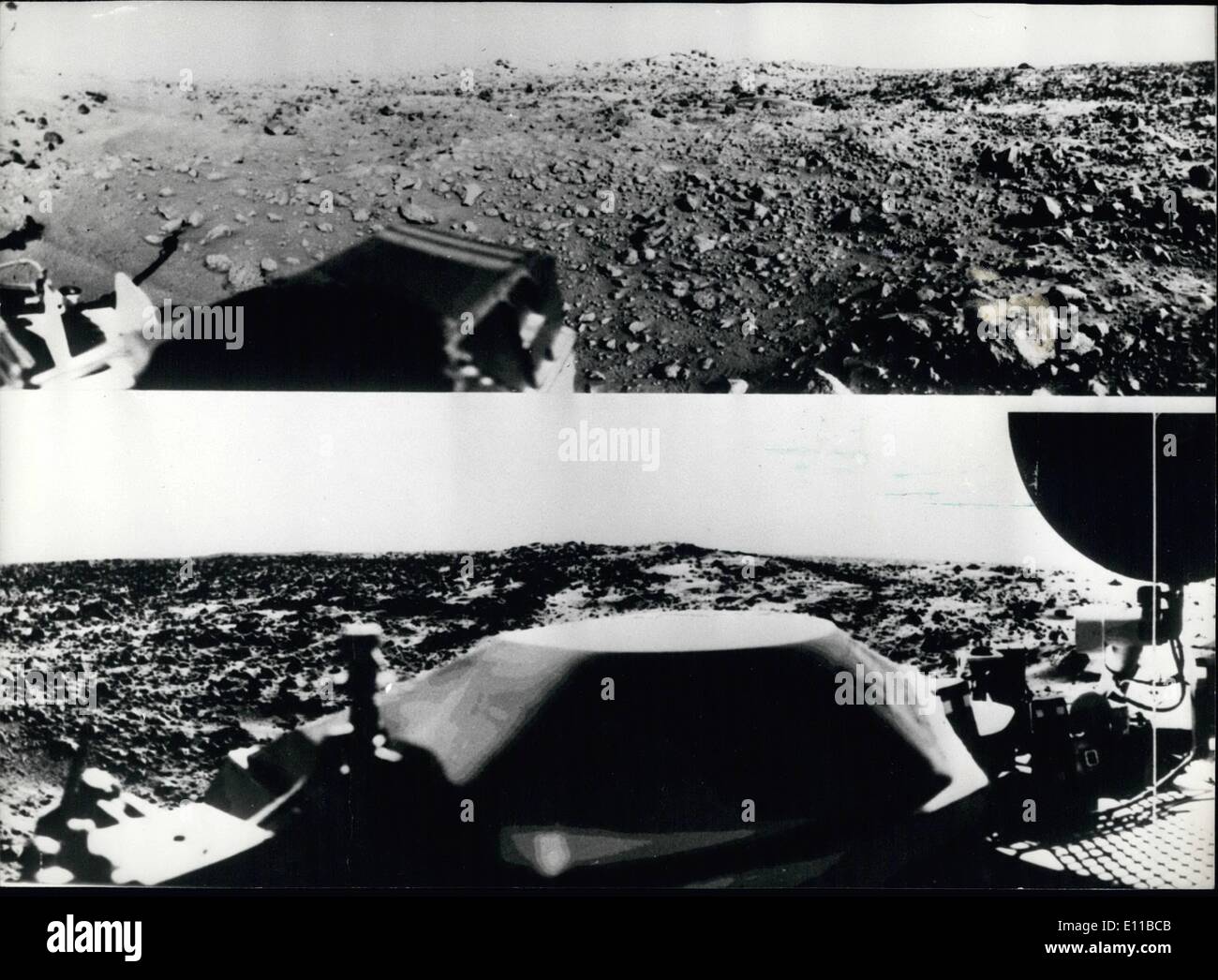 Jul. 07, 1976 - First Pictures Of The Red Planet Mars: The first panoramic view by Viking 1 from the surface of Mars Top-half. The out-of-focus space- craft component toward left centre is the housing for the Viking sample arm, which is not yet deployed. Bottom Can be seen the low-gain antenna from receipt of a commands from Earth. The projections on or near the horizon may represent the rims distant impact craters. Stock Photo
