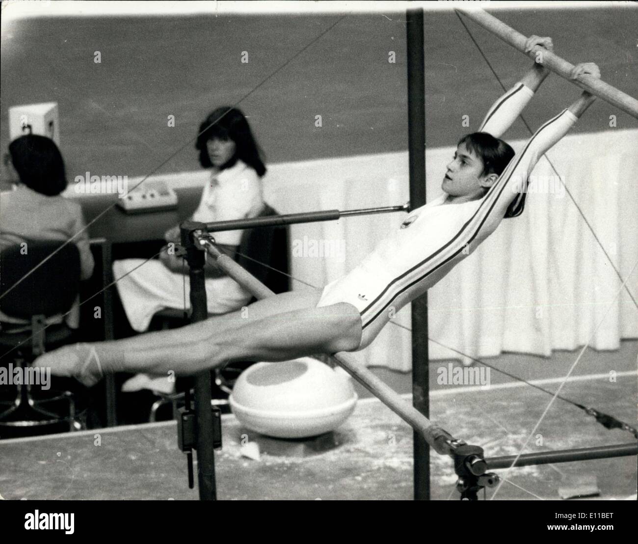 Jul. 22, 1976 - The 1976 Olympic Games in Montreal. Rumania?s Nadia Comaneci the new queen of gymnasts ? Nadia Comaneci, the 14-year old Rumanian girl, is the new queen of world gymnastics. She destroyed the Russian stranglehold on this title, dethroning the Munich champion, Ludmila Tourischeva. The little Rumanian scored a maximum ten out of ten on the beam and the bars to win the gold medal with 39.75 points last night to total 79.275 out of a possible 80. Photo Shows: 14-year old Nadia Comaneci of Rumania, seen during her wonderful performance on the asymmetric bars. Stock Photo