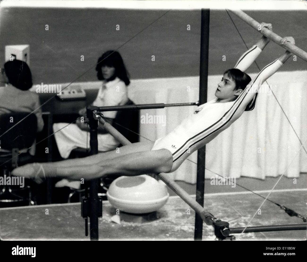 Jul. 22, 1976 - The 1976 Olympic games in Montreal Rumania's Nadia Comaneci the new queen of Gymnasts. Nadia Comaneci, the 14-year-old Rumanian girl, is the new Queen of world gymnastics. She destroyed the Russian stranglehold on this title, dethrowning the Munich Champion, Ludmila Tourischeva. The little Rumanian scored a maximum ten out of ten on the beam and ther bars to win the gold medal with 39.75 points last night to total 79.275 out of a possible 80. Photo shows 14-year-old Nadia Comaneci of Rumania, seen during her wonderful performance on the asym - metric bars. Stock Photo