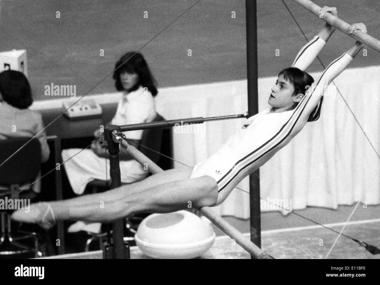 Jul 22, 1976; Montreal, Canada; 14 year old Romanian gymnast NADIA COMANECI, the new queen of gymnastics, scores a ten out of Stock Photo