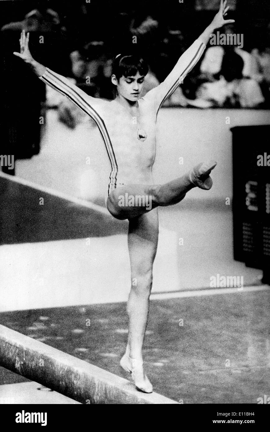 Jul 23, 1976; Montreal, Canada; 14 year old Romanian gymnastic star NADAI COMANECI (pictured) performing on the beam in which Stock Photo