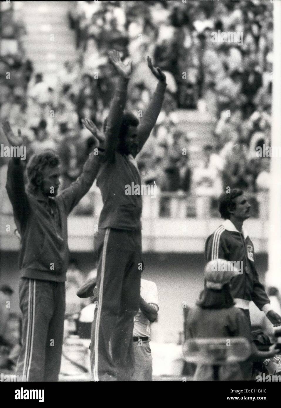 Jul. 27, 1976 - The Cuban athlete Juantorena won the gold medal in the 800 meter race at the Montreal Olympics. Damme (silver) and Wohlhuter (bronze) Stock Photo