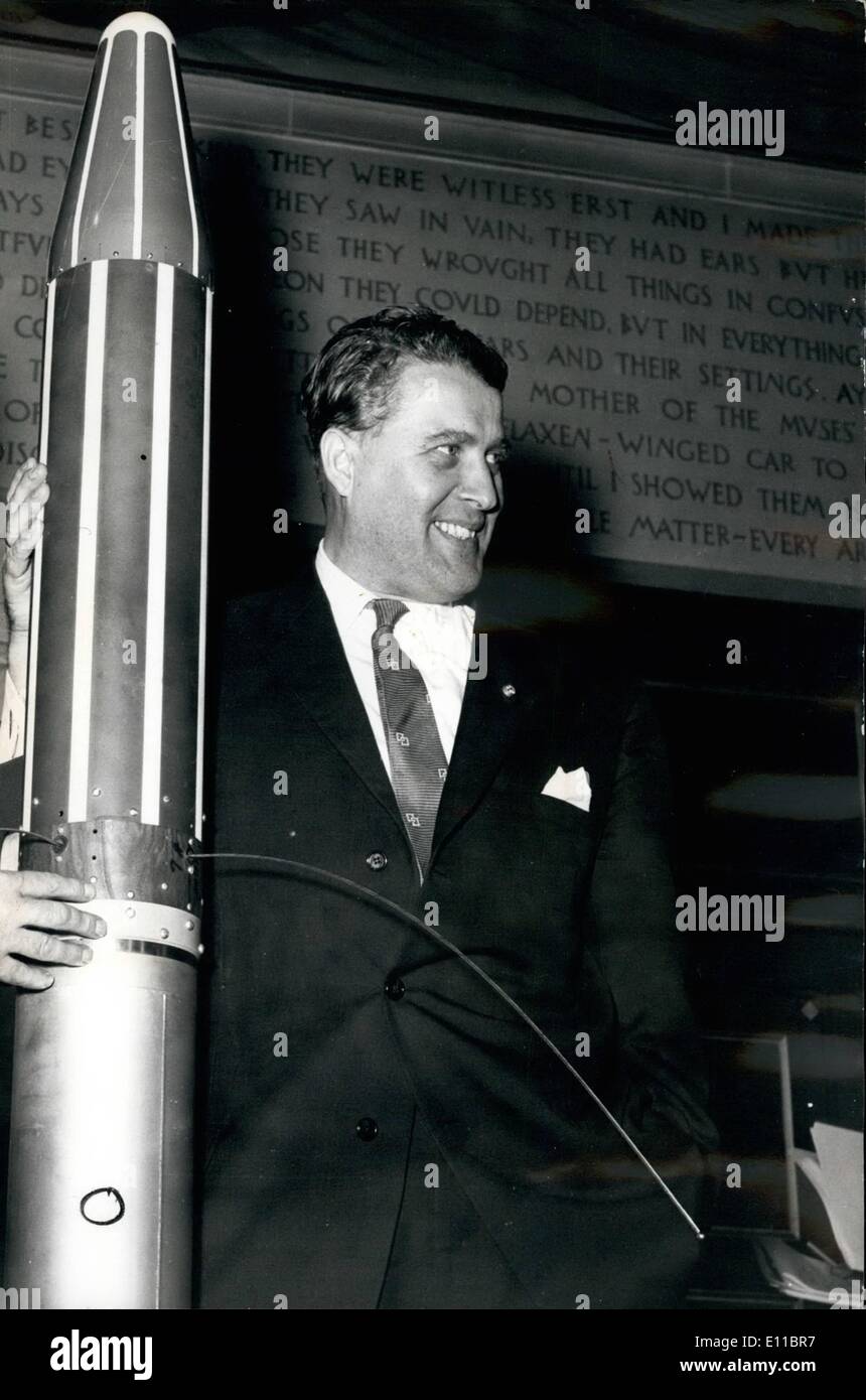 Dec. 12, 1976 - Hitier's Rocket Man Dr. Werner Von Braun Is Gravely Ill In Hospital: Dr. Werner von Braun, the man whose rockets bombarded Britain in the Second World War, is gravely ill in hospital with cancer. Von Braun, now 64, designed and built more than 1,000 V-2 rockets that killed 2,700 Britons and injured another 6,500 in the closing stages of the war. In America, Dr. Von Braun designed their first ''Explorer'' orbiting space satellite and the Saturn-5 rocket. Photo shows Dr. Werner von Braun shows with a duplicate of ''Explorer'' satellite. Stock Photo