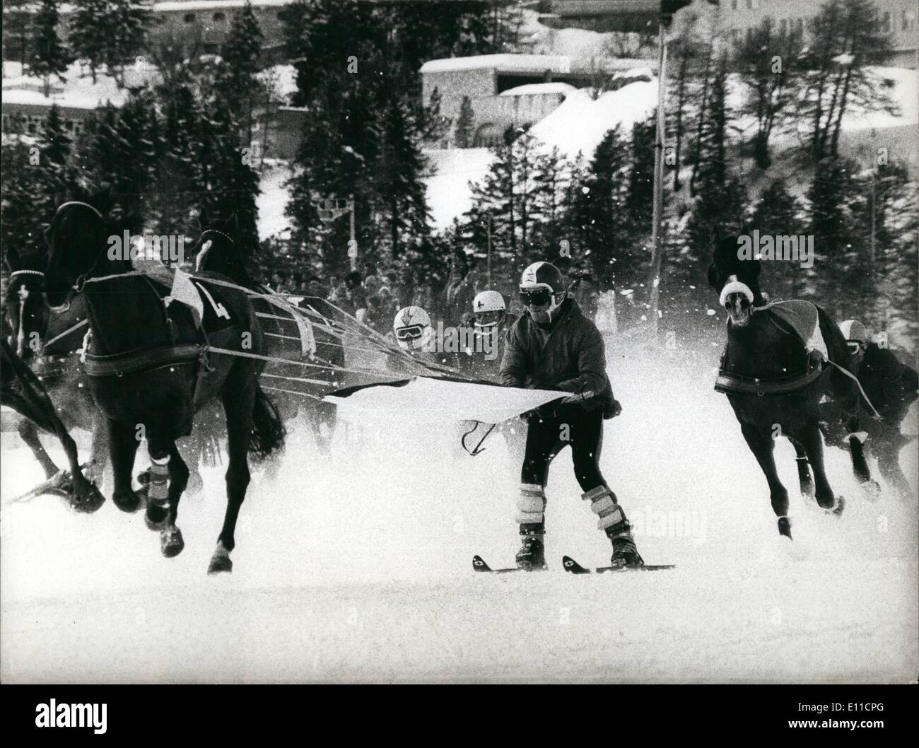 Feb. 02, 1977 - Micture of Horses-race and Ski-race: As every year this weekend at the famous swiss winter-sport place St. Moritz Th~~e was again the Ski- ''Joring''- competition, at what the ski- runners are drawn by horses. It's a well-known sport at St. Moritz and is atmired every year by many guests from Switzerland and abroad. Stock Photo