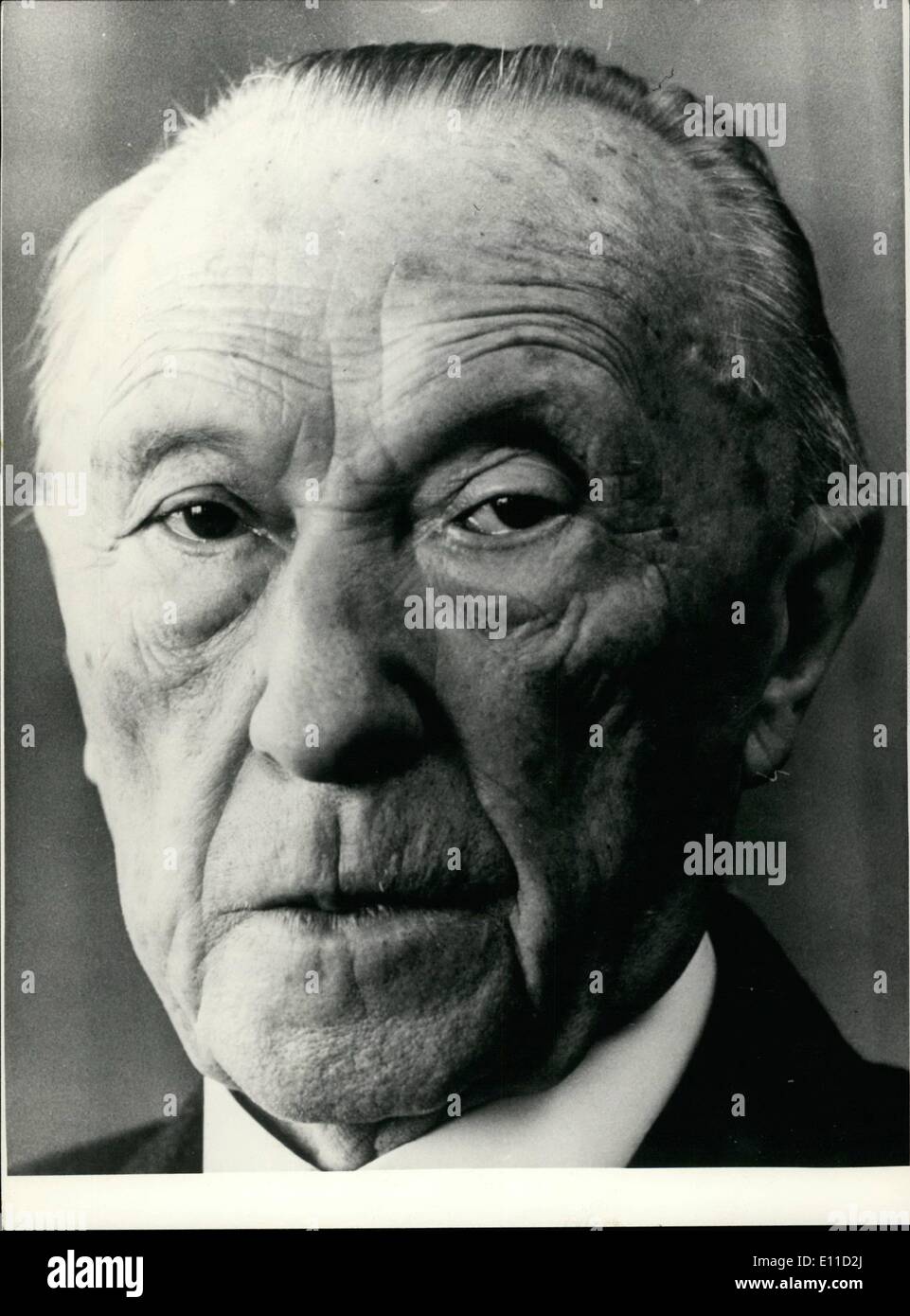 Apr. 04, 1977 - Adenauer wan born at cologne, he has been a lawyer. In 1917 he became Lord mayor of cologne. 1933 he had to retire from all his offices. After the second world war in 1945 he was one of the founders of the chriotlich Demokratische union, 1946 he became ohairman of this party in Nordrhein-Westfalen and in 1949 ho was chosen to the &deg;airman of the CDD. At tho acme year Adonauer became the first chancellor of the poderal Ropublio of Germany (till 1963). prom 1951 till 1955 he hao boon Stock Photo