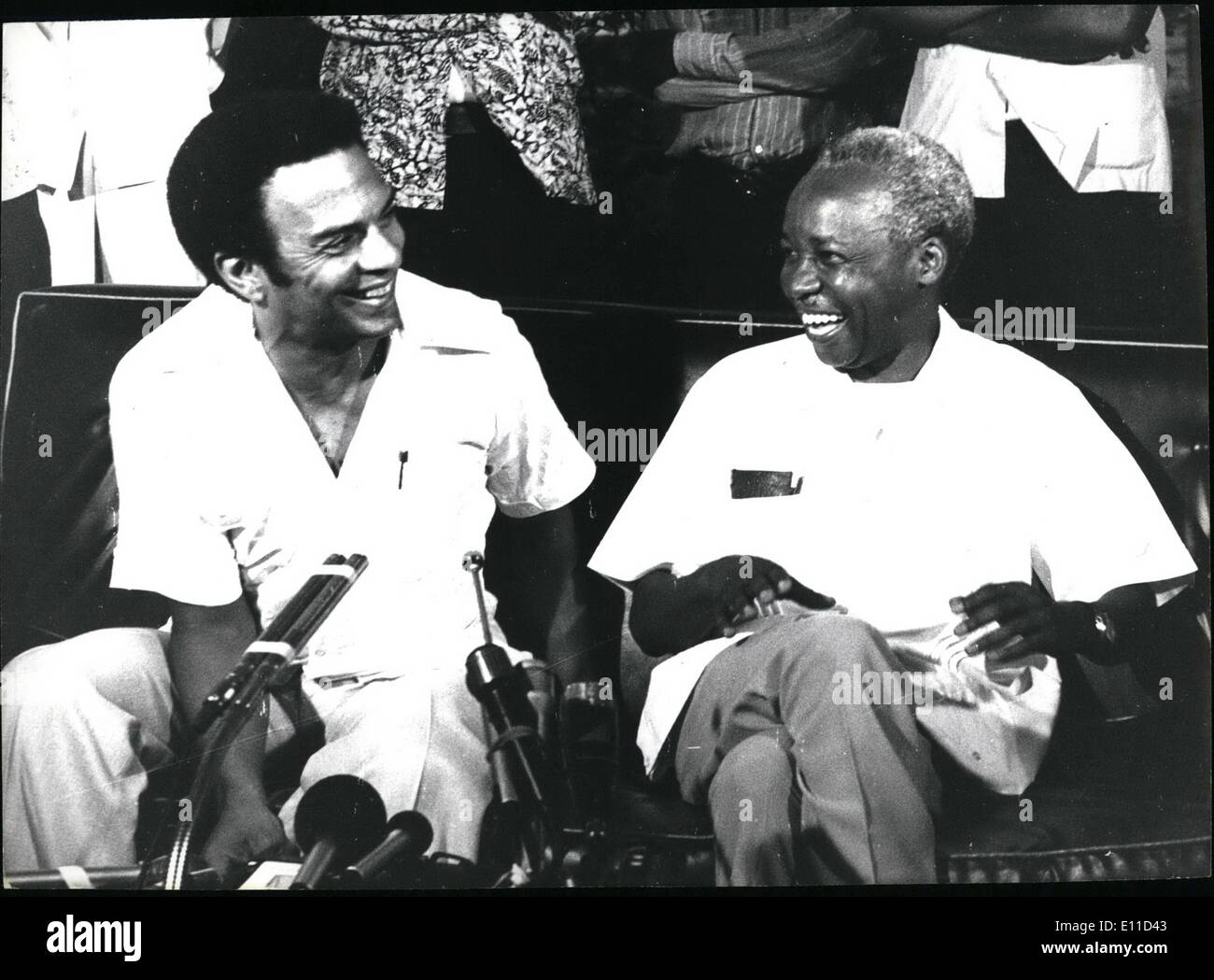 Feb. 02, 1977 - Daressalaam Tanzania: President Julius Nyerere of Tanzania shares a joke with Andrew Young, the UN Ambassador to the United Nations. Credits: Camerapix Stock Photo
