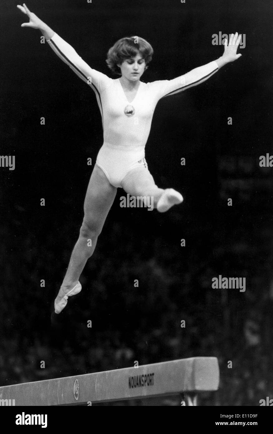 Apr 17, 1978; Wembley, UK; Gymnast NADIA COMANECI of team Romania performs on the beam in at the Britsh Amateur International Gymnastics Tournament at the Empire Pool in Wembley.. (Credit Image: KEYSTONE Pictures USA/ZUMAPRESS.com) Stock Photo