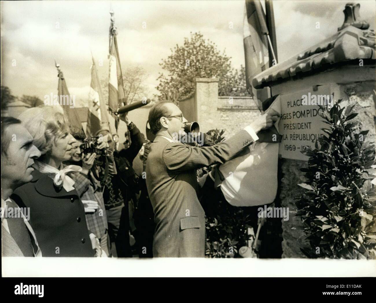 Apr. 29, 1977 - Here is Jacques Chirac unveiling a plaque at Place Georges Pompidou in front of Mrs. Claude Pompidou. Stock Photo