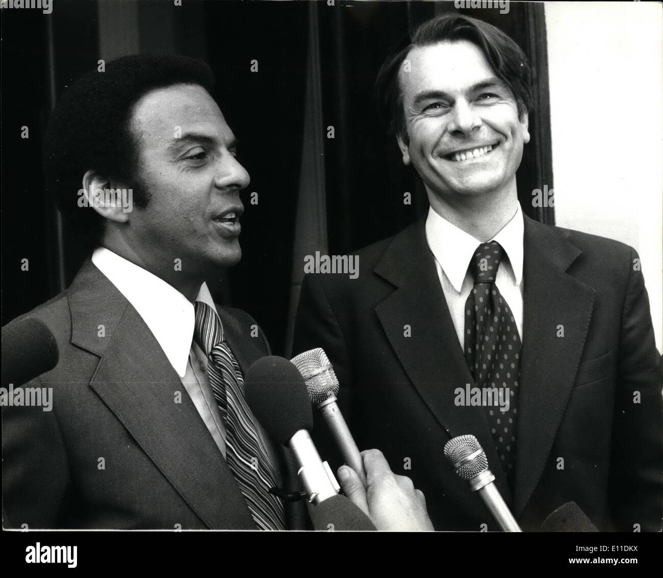 May 05, 1977 - Andrew young the American ambassador to the U.N. calls on Dr Owen for breakfast: Mr. Andrew Young the American Ambassador to the United Nations, met Dr David Owen the Foreign Secretary over breakfast, at his official residents No 1 Carlton Gardens-He has just arrived back from an eight Nation tour of Africa. Photo shows Dr David Owen and Andrew Young seen after their working Breakfast at the official residents of the Foreign Secretary. No 1Carlton Gardens. Stock Photo