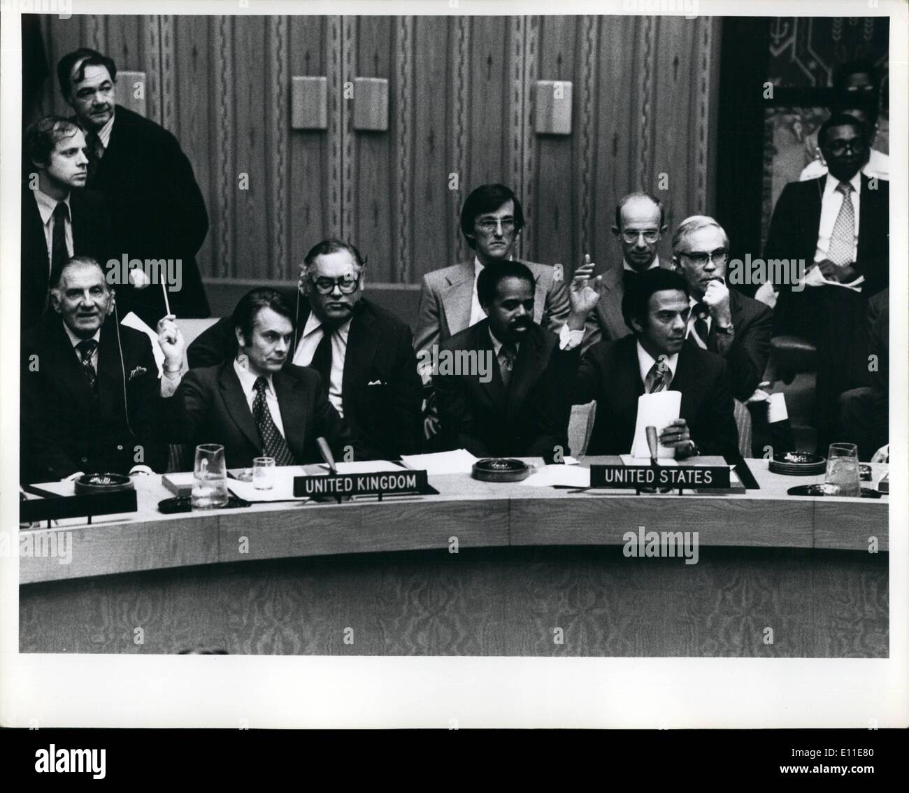 Sep. 09, 1977 - UN Security Council on Rhodesia: The UN security Council approved a resolution jointly proposed by the UK and US to request the Secretary General to send a UN Observer as a representative to Rhodesia to enter into discussion with the British Resident Commissioner designate and all parties concerning military & associated arrangement for majority rule. David Owen - Andrew Young voting for the resolution - UN Security Council. Stock Photo