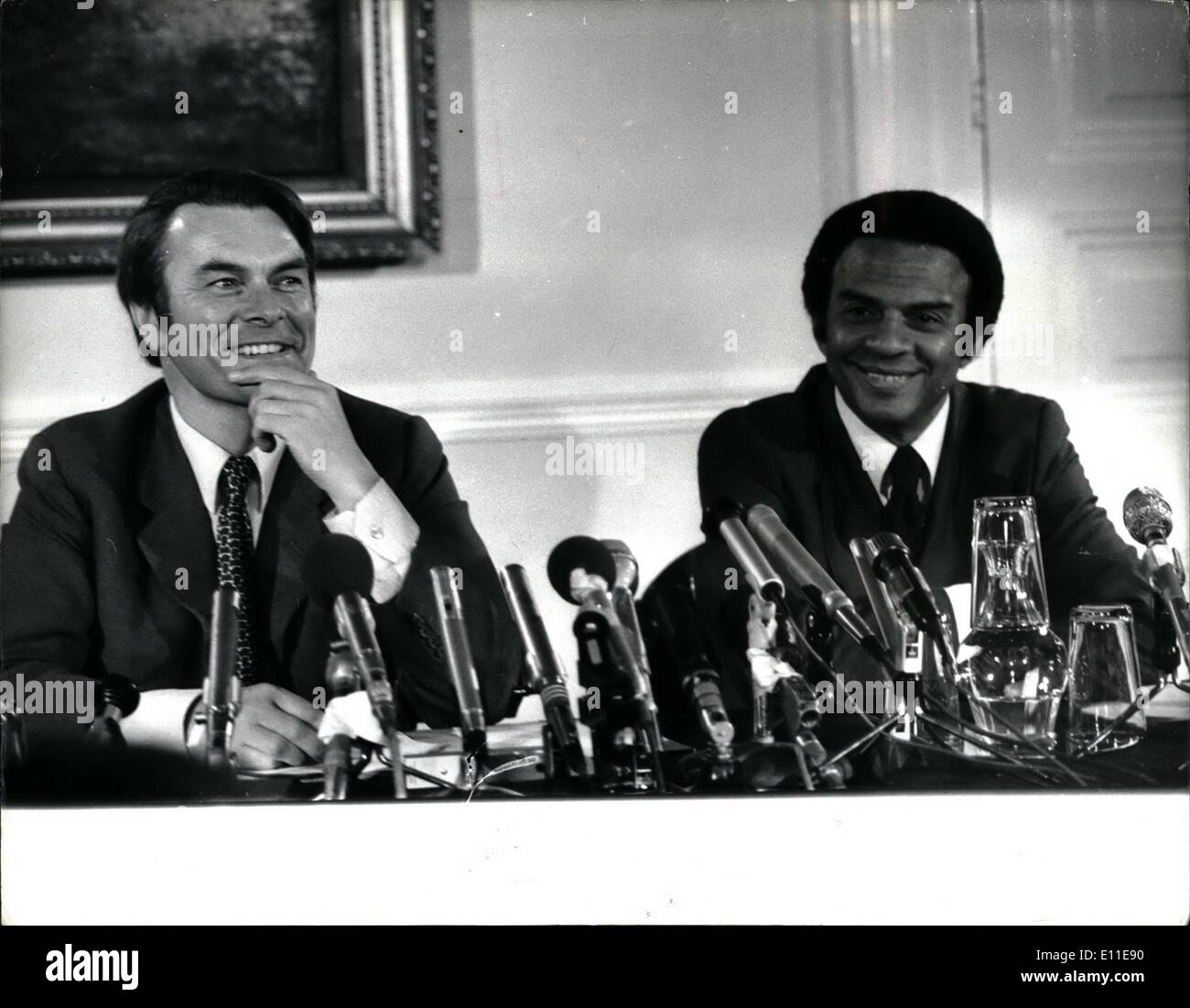 Sep. 09, 1977 - Dr. David Owen and Andrew Young give press conference on Anglo-American proposals for Rhodesia: A press conference was held today at the foreign Office by British Foreign Secretary Mr David Owen and U.S. Ambassador to the United Nations, on the Anglo-American proposals for a Rhodesian settlement, after their return from Rhodesia early today. Photo shows Foreign Secretary Dr. David Owen and U.S. Ambassador to UN Mr Andrew Young seen during the press conference at the foreign office today. Stock Photo