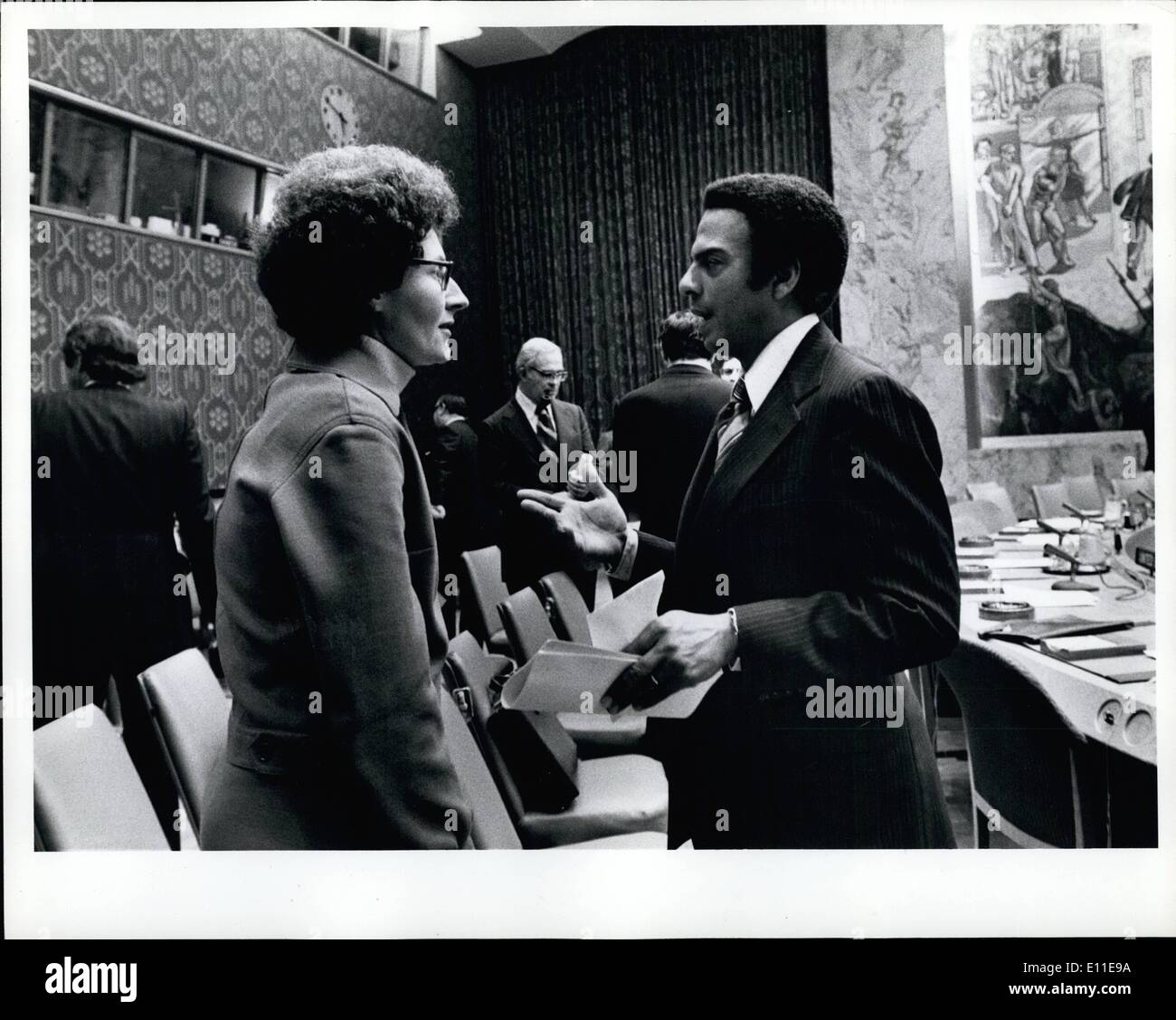 Sep. 09, 1977 - Sister Janice McLaughlin & Andrew Young UN Security Council meeting, UK & US proposition, UN to send representatives to Rhodesia. Sister Janice McLaughlin was recently expelled from Rhodesia. September 29, 1977 Stock Photo