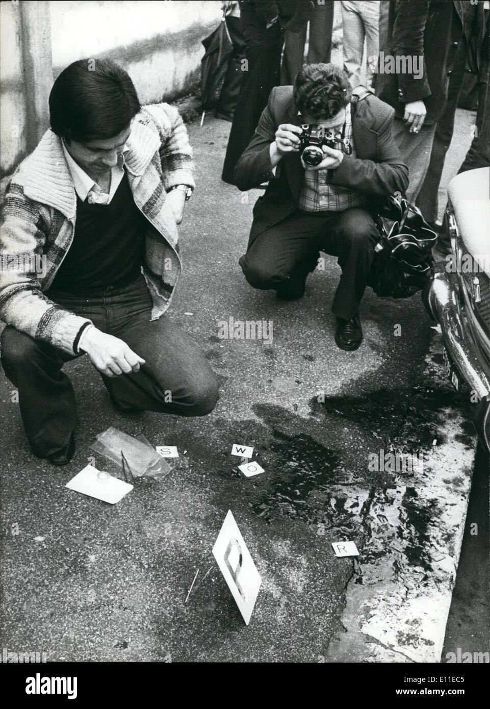 Jun. 06, 1977 - Another attempt to a newsman. This time the newsman Emilio Rossi, director of the Telenews of the System n. I of the Television, was shot by numerous shoots of revolver before he was enter in the Television Studios. Photo shows newsman Emilio Rossi and the place of the attempt. Stock Photo