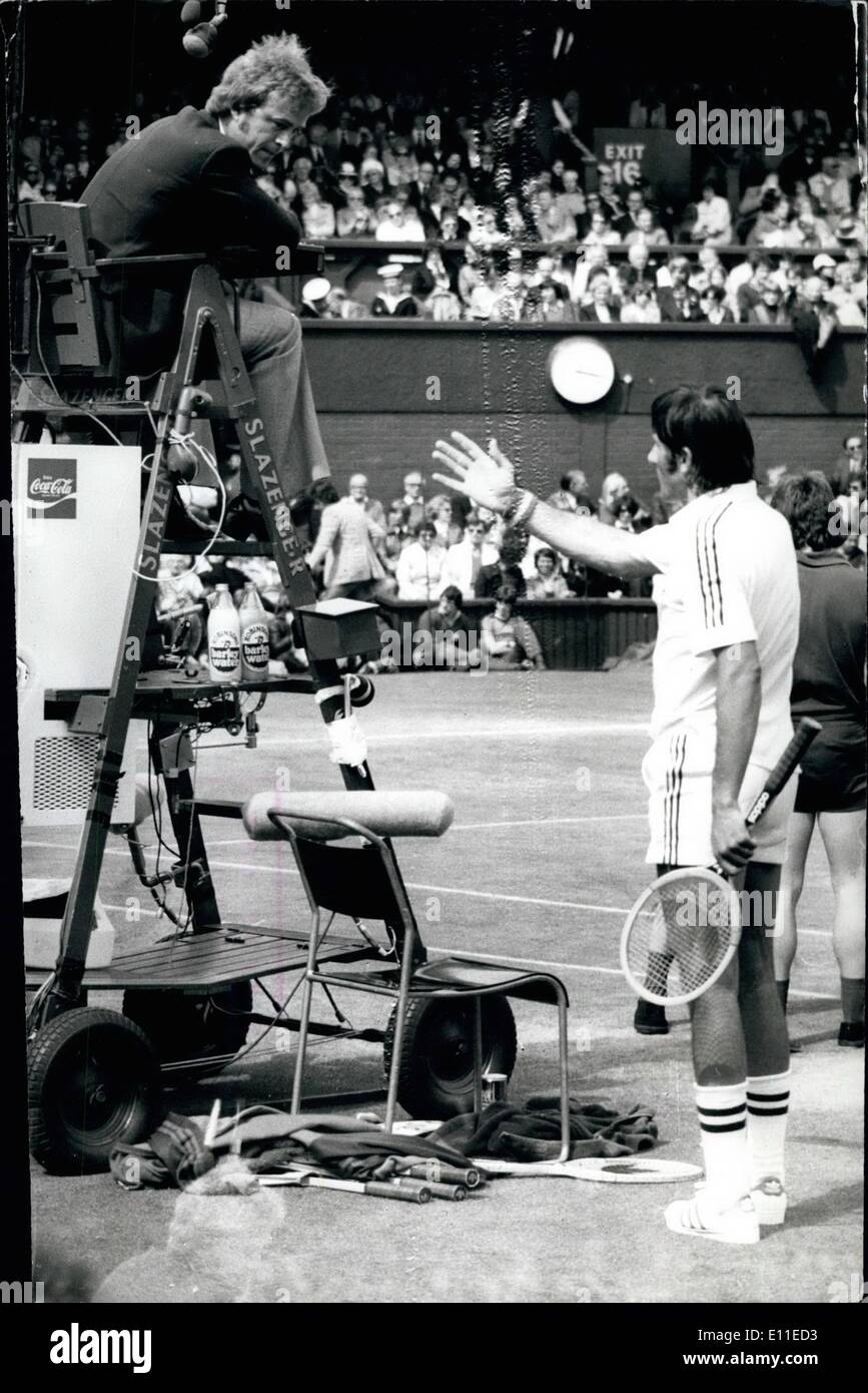 Jun. 06, 1977 - Nastase In Tennis Uproar: Fiery tennis star Ilie Nastase crashed out of the Wimbledon Championships yesterday after the ugliest scenes ever witnessed in the history of the tournament. He was defeated by Bjorn Borg in streight sets. His cursing, raging, swearing, made Umpire Shales label his behaviour was atrocious. Photo shows Ilie Nastase conducts an acrimonious debate with the Umpire Shales during his match against Borg on the centre Court at Wimbledon yesterday, Borg won 6-0 8-6 6-3. Stock Photo