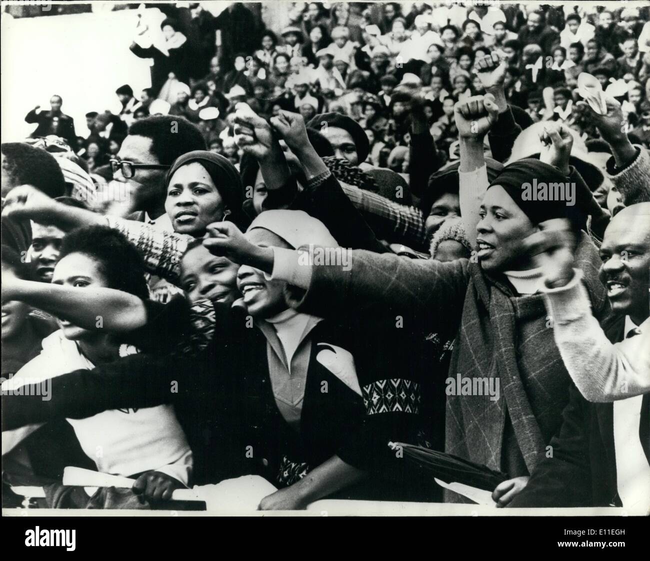 Sep. 09, 1977 - 20,00 attended funeral of Black Leader Steve Biko: An estimated 20,000 people attended the Sports Stadium funeral of 30 year old Steve Biko, the black leader who died a fortnight ago in a police cell in Pretoria. It took place in King William's Town, South Africa. Speakers at the five hour service belief that Biko died violently. Photo shows Changing Black women giving the black power salute during the service for Black leader Steve Biko in the Sport Statium at King William's Town, South Africa, last Sunday. Stock Photo