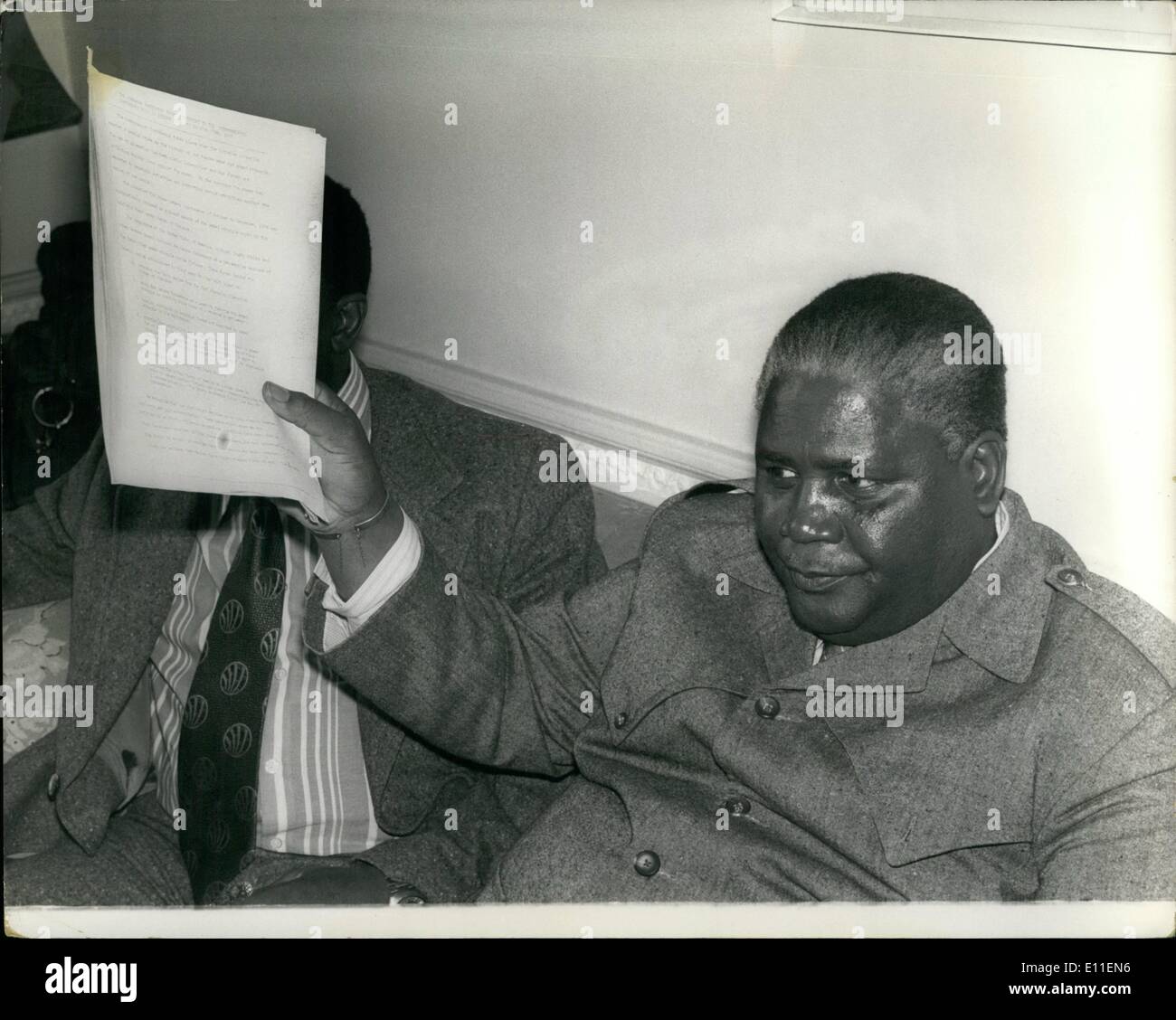 Jun. 06, 1977 - Joshua Nkomo Gives Press Conferences AT The Savoy: Joshua Nkomo the leader of the National Council in Rhodesia gave a press conference today at the Savoy Hotel after his meeting with the British Foreign Secretary Dr. David Owen. Photo shows Joshua Nkomo seen during the press conference at the Savoy today. Stock Photo