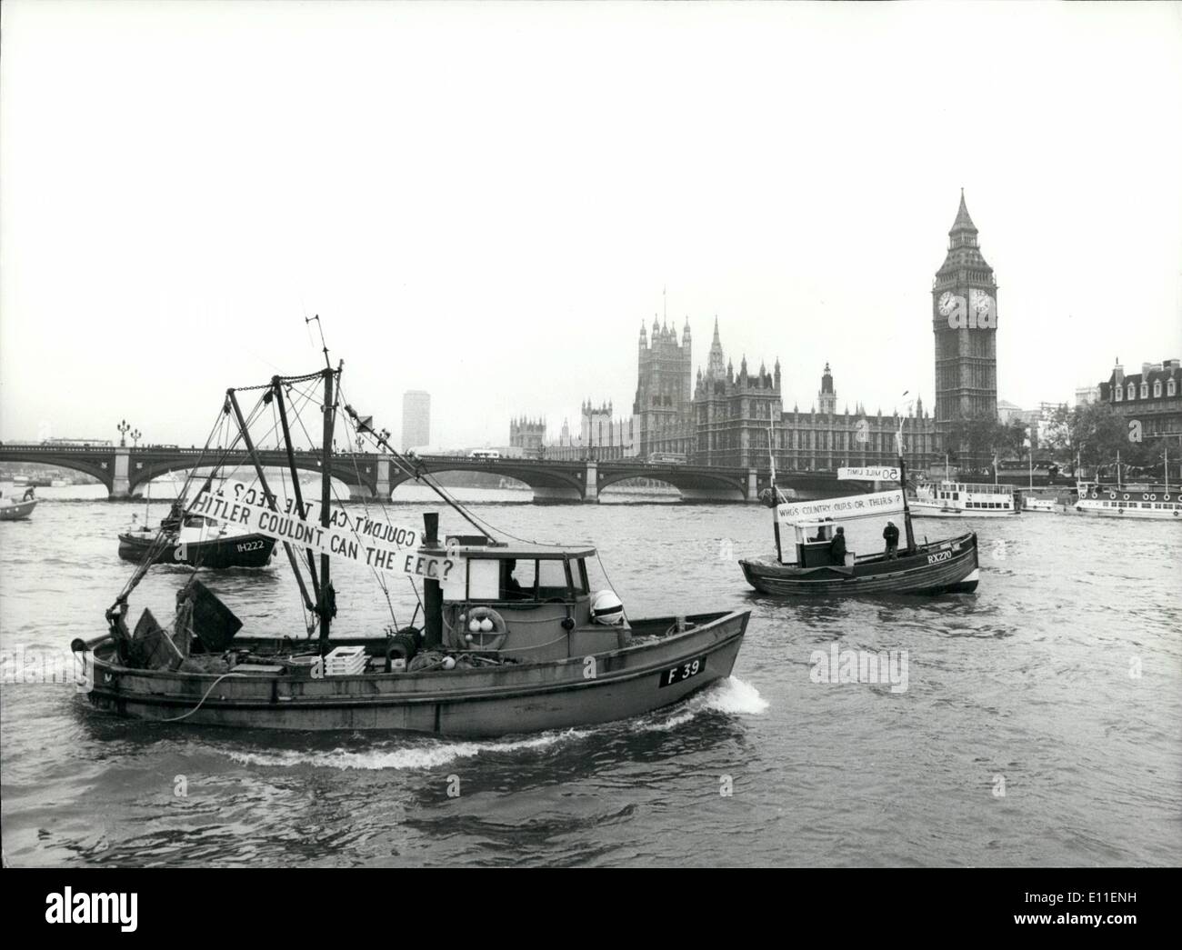 Jun. 06, 1977 - 50 Fishing Boats Sail Up The Thames To The House Of Common To Protest Over Fishing Limites: The Kerryclair, left, from Faversham and the Rose from Rye on their way to the House of Commons yester when 50 fishing beats sailed up the Thames to lobby for a 50-mile zone for British Fishermen. Stock Photo