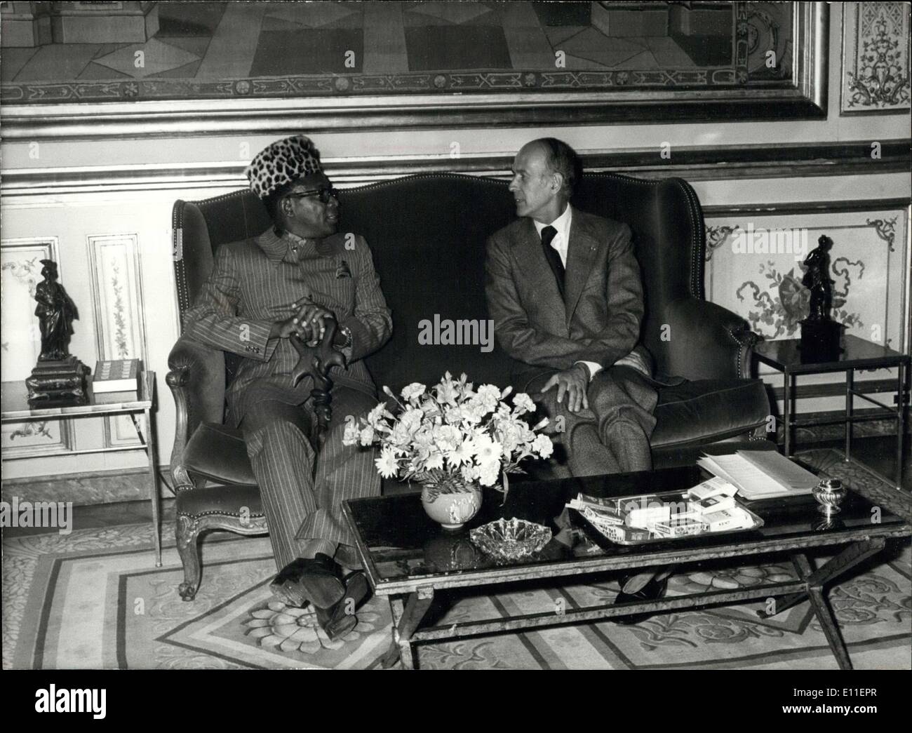 Jun. 10, 1977 - Zaire's President Mobutu Sese Seko met with the French President at the Elysee Palace while in France on business for two days. He thanked the President for his help in the Sheba operation. French military planes transported material and Moroccan soldiers between Rabat and Kinshasa to help support Zaire in its fight against the mercenaries. Stock Photo