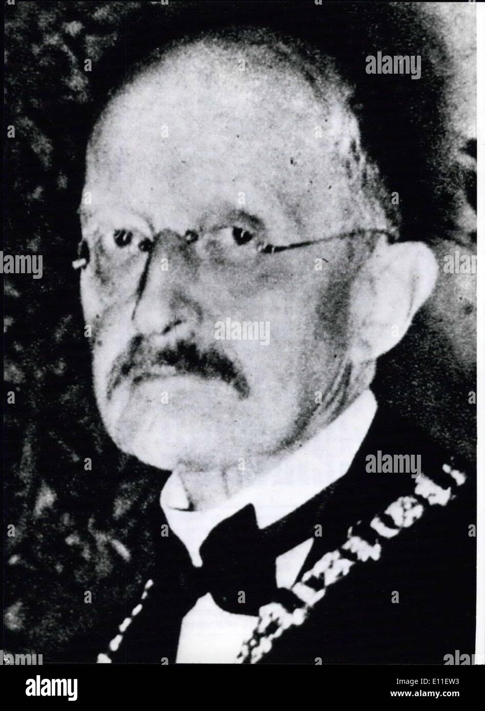 Oct. 04, 1977 - 30th Day Of Death Of Max Planck 30 years ago: on October 4th, 1947, died in Goettingen (FRG) Max Planck (Max Planck - our picture), who went down in history because of his pioneering works in the field of physics. Max Planck, born in Kiel (FRG) in 1858, acted as professor in his home-town Kiel and in Berlin and from 1930 to 1937 he was president of the Kaiser-Wilhelm-Society for promotion of science (today Max-Planck-Society). The first works of Planck dealed with the use of thermo-dynamics on proceedings in gases, liquids and solutions Stock Photo