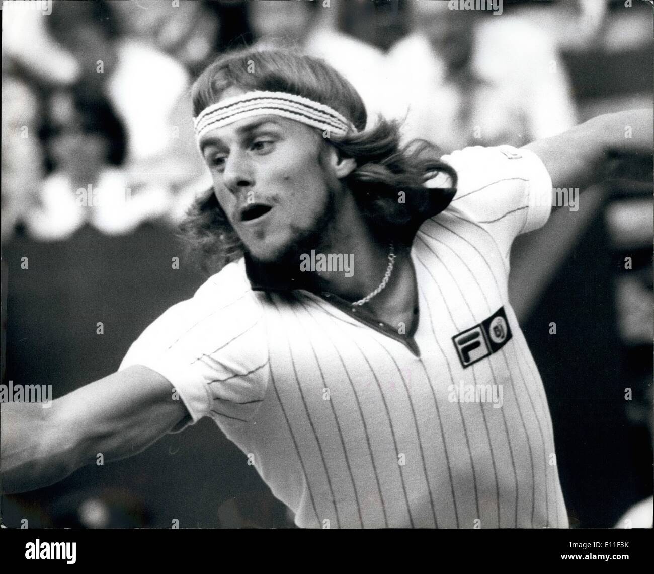 Jul. 07, 1977 - Bjorn Borg and Jimmy Connors in the final of the Mens Singles At Wimbledon: In the mens singles final at Wimbledon tomorrow it will be between Bjorn Borg of Sweden the title holder and Jimmy Connors of America. Picture Shows: Bjorn Borg seen in action when winning his way to the final by beating V Gerulaitis in the semi-final on the Centre court yesterday. Stock Photo