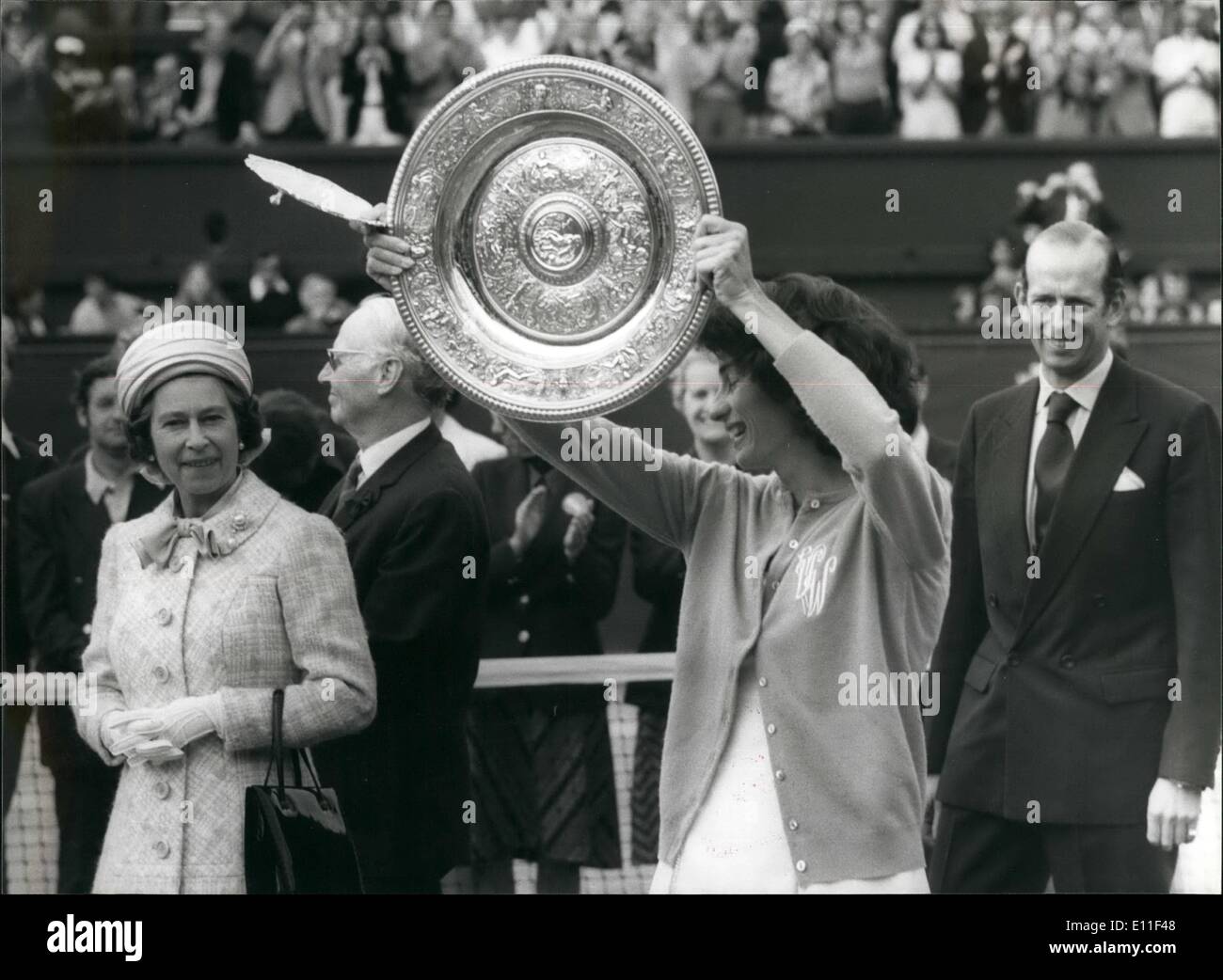 Jul. 07, 1977 - Virginia Wade wins the Ladies singles final: Britain's Virginia Wade won the ladies Singles final on the centre Stock Photo