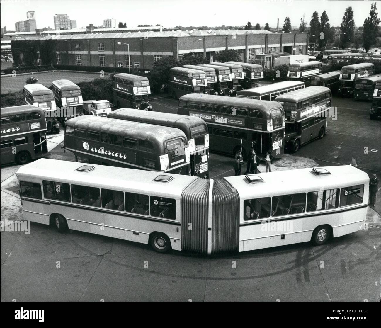 Jul. 07, 1977 - Articulated Bus: Germany, France and Denmark have them and one day the articulated bus may be commonplace in towns and cities here. The bus is made by Leyland in Denmark and after a trial ride for passengers in Sheffield last week (they were delighted) the articulated bus could be in use on British routes by 1980. Photo shows A demonstration of its capabilities, as it weaves around buses at London Transport Headquarters, Chriswick, today. Stock Photo